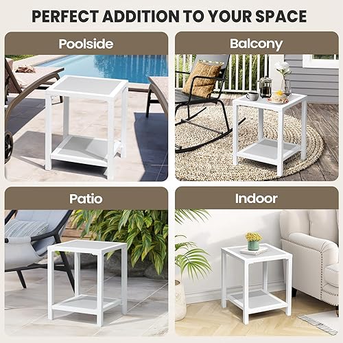 Miniatura 7 de Pellebant Pequeña mesa lateral cuadrada de aluminio para interiores y exteriores, mesa auxiliar, mesa de café para patio, mesa de bistró, gris claro