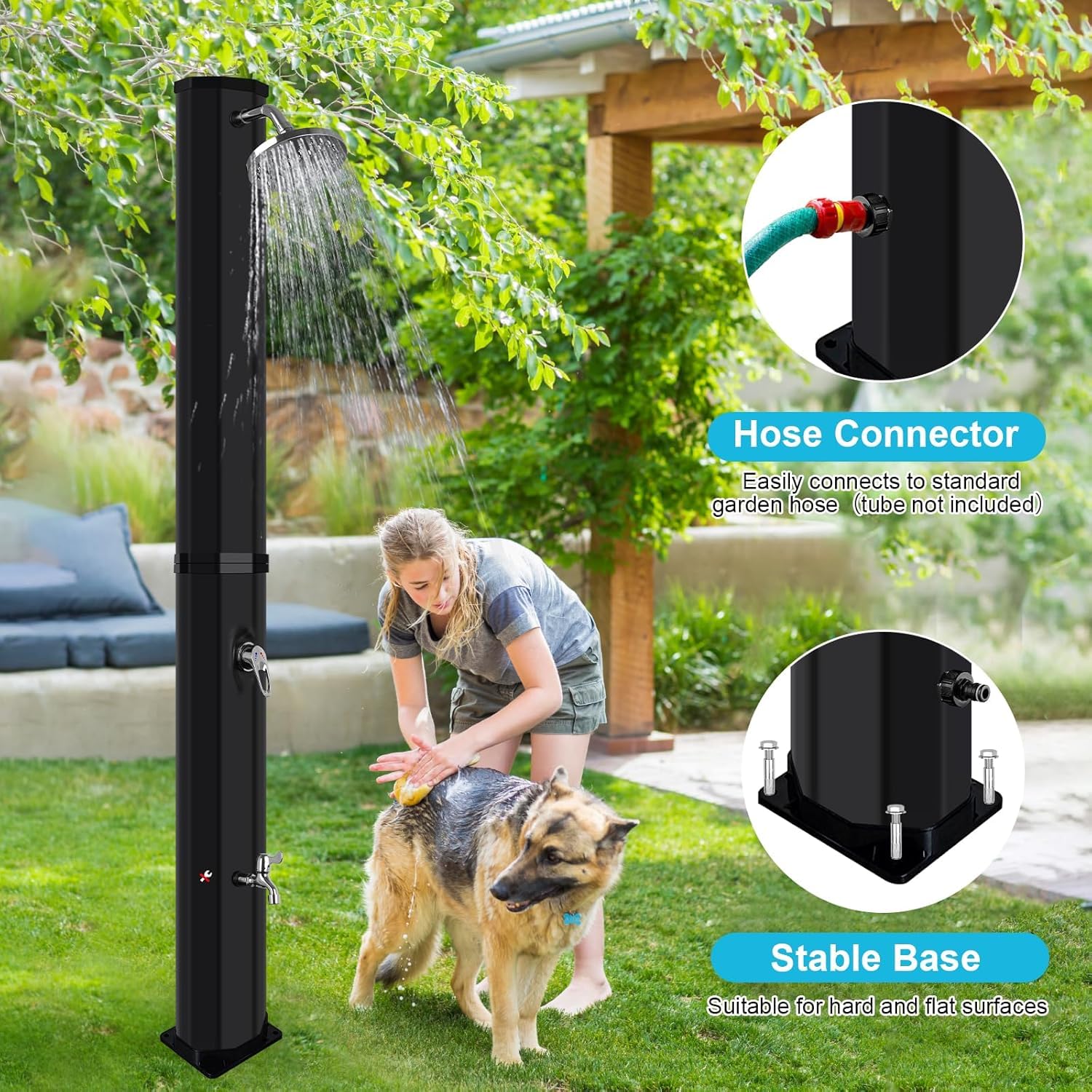 Solar Gartendusche 60 Liter Solardusche mit Drehbarem Duschkopf, Fußarmatur und Abdeckhaube, Einstellbares Warm und Kaltwasser, Maximal 60°C, Aussendusche Solar Dusche für Garten Pool Camping