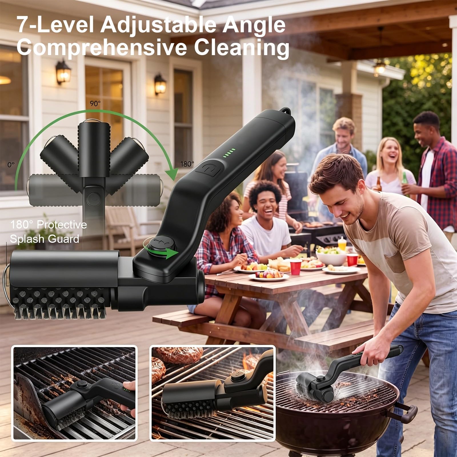 Cepillo Eléctrico para Barbacoa Inalámbrico, Limpiador de Parrilla con Cabezal de Acero Inoxidable 180° Ajustable, 3 Velocidades, Impermeable IPX7 para Barbacoas de Carbón, Gas y Eléctricas