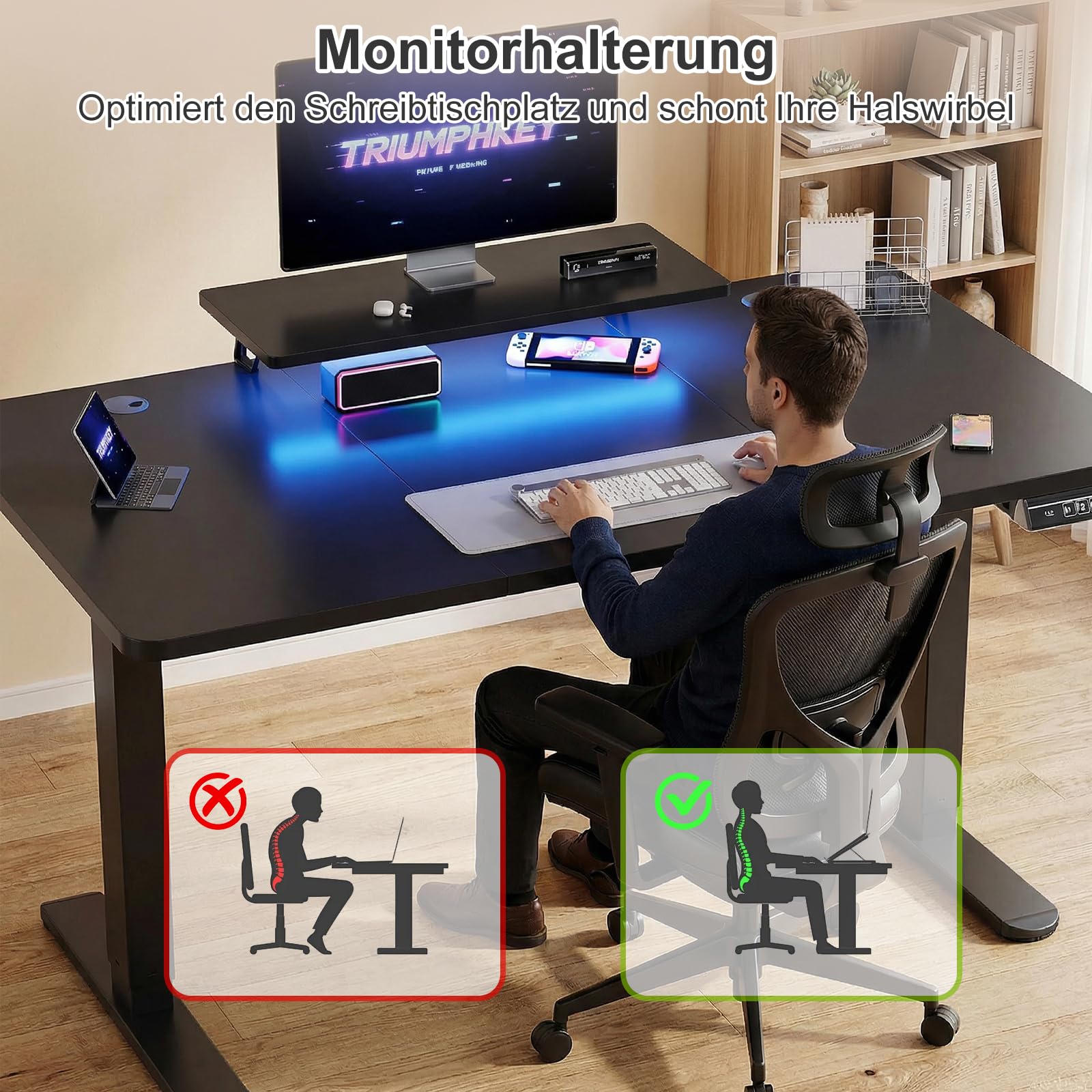 TRIUMPHKEY Höhenverstellbarer Schreibtisch mit Monitorständer & Lichtleiste