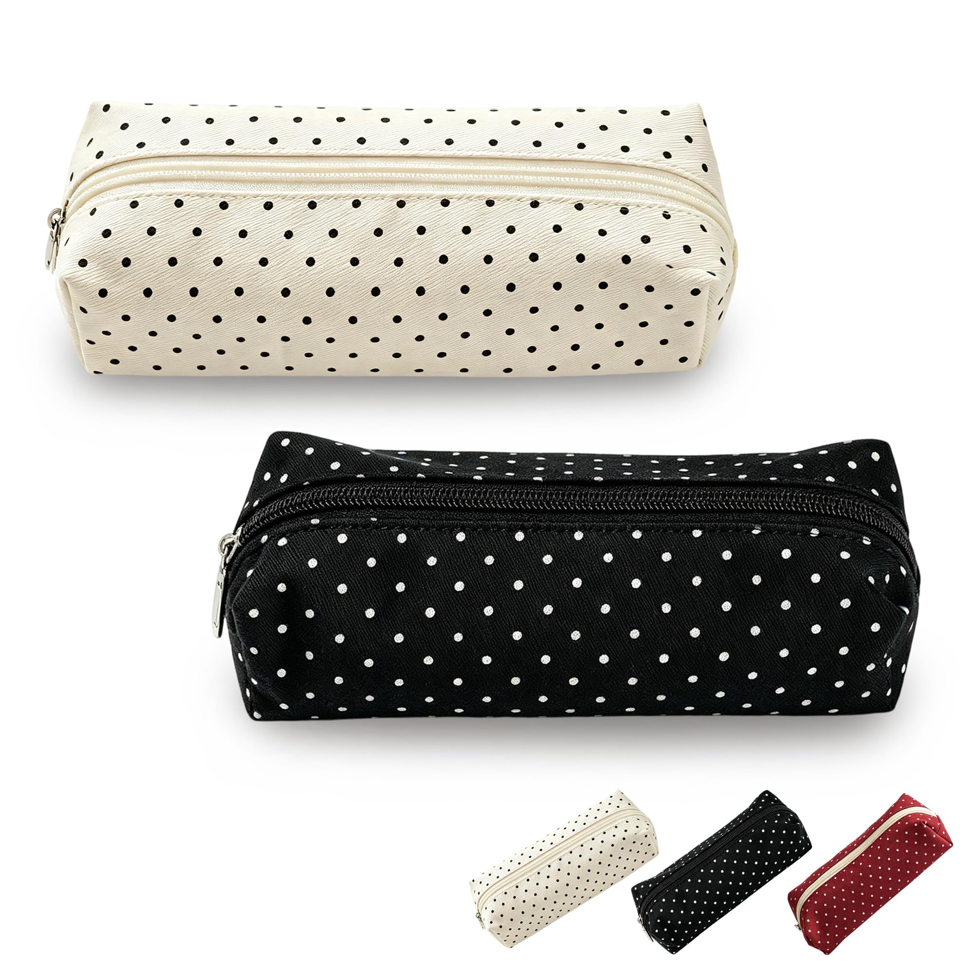 Cute Polka Dot Pencil Case Aesthetic Pencils Pouch (Beige+Black)
