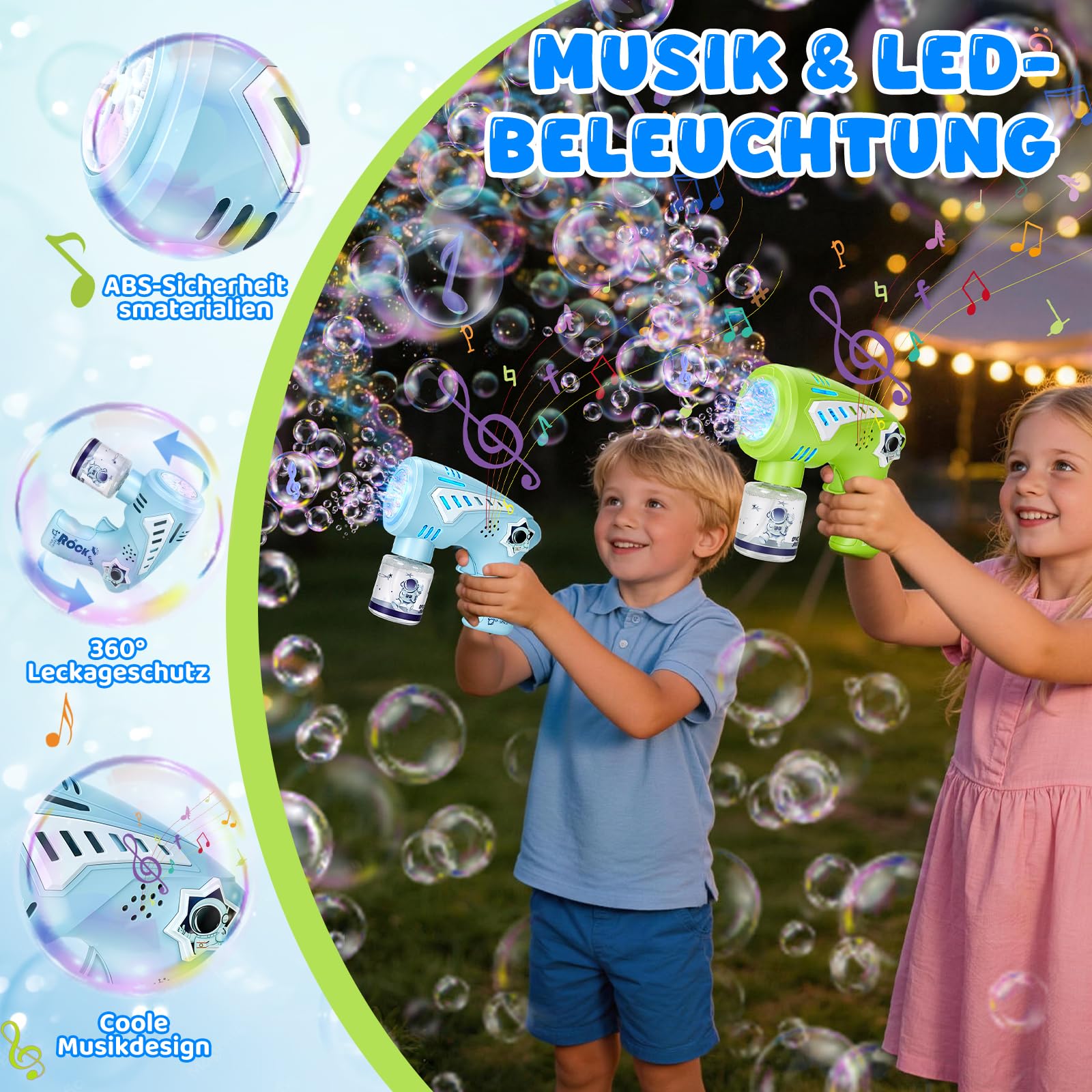 Jovicos 2 Seifenblasenpistole Kinder mit LED-Licht & Musik, Seifenblasenmaschine mit 4 Seifenblasenflüssigkeit, Seifenblasen Pistole Kinder, Bubble Gun Outdoor Spielzeug für Hochzeit Party Geschenke