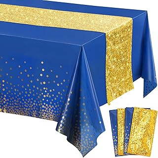 Irenare Tablecloth and Sequin Table Runner Set Polka Dots Confetti Table Cover Dining Plastic Tablecloths Glitter Decorations for Birthday Wedding Anniversary Party Supplies(Blue, Gold,4 Pcs)