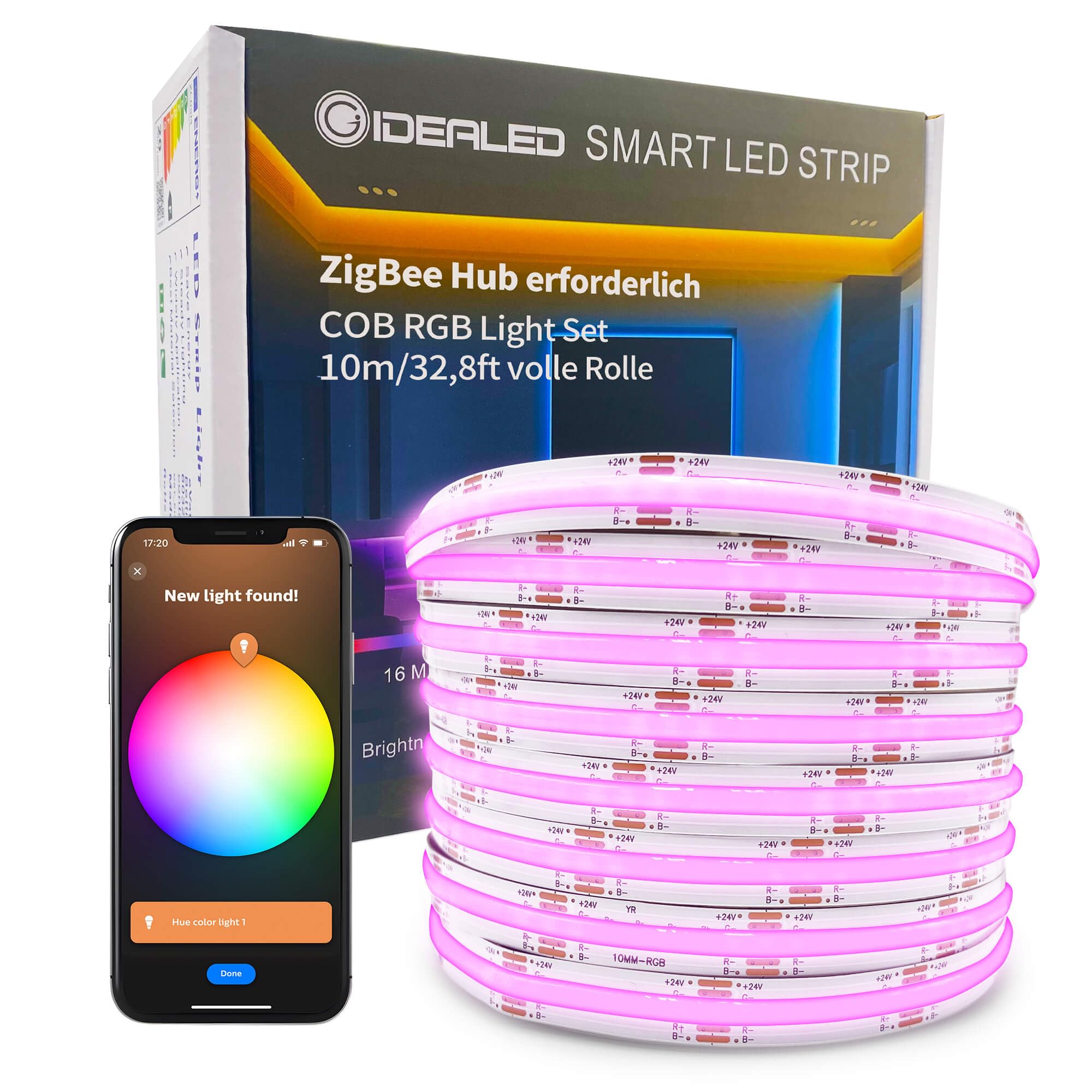 GIDEALED 32.8ft Smart ZigBee RGB COB LED Strip Light 24V Kit,Require ZigBee 3.0 Hub Bridge,Support Hub APP/Alexa Echo Plus Voice Control Flexible LED COB Light Strip Dimmable,Color Changing RGB FCOB