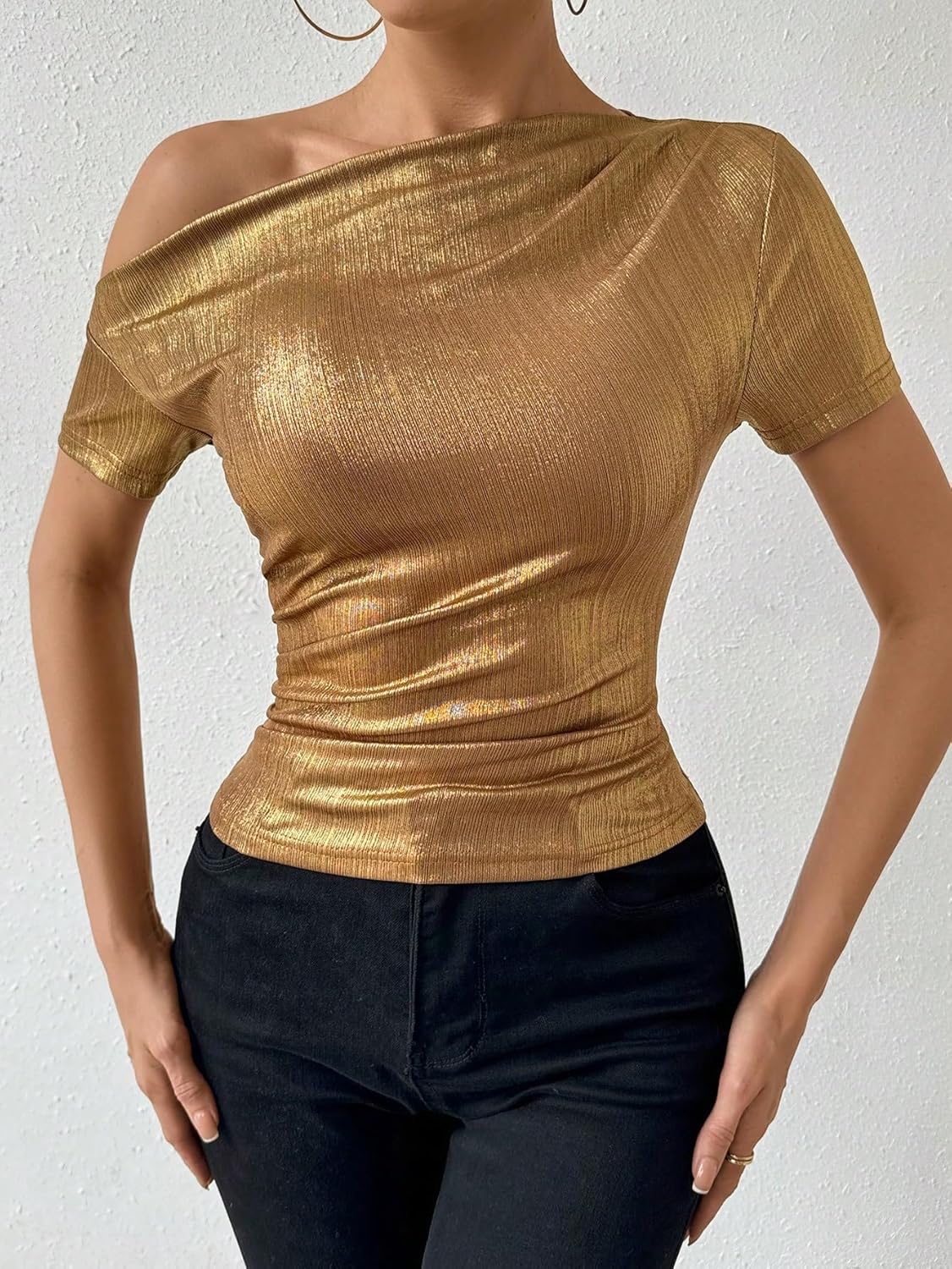 SHENHE Women's Sparkly Top Metallic Off The Shoulder Short Sleeve Ruched Sexy Club Tops Shirt - Image 4