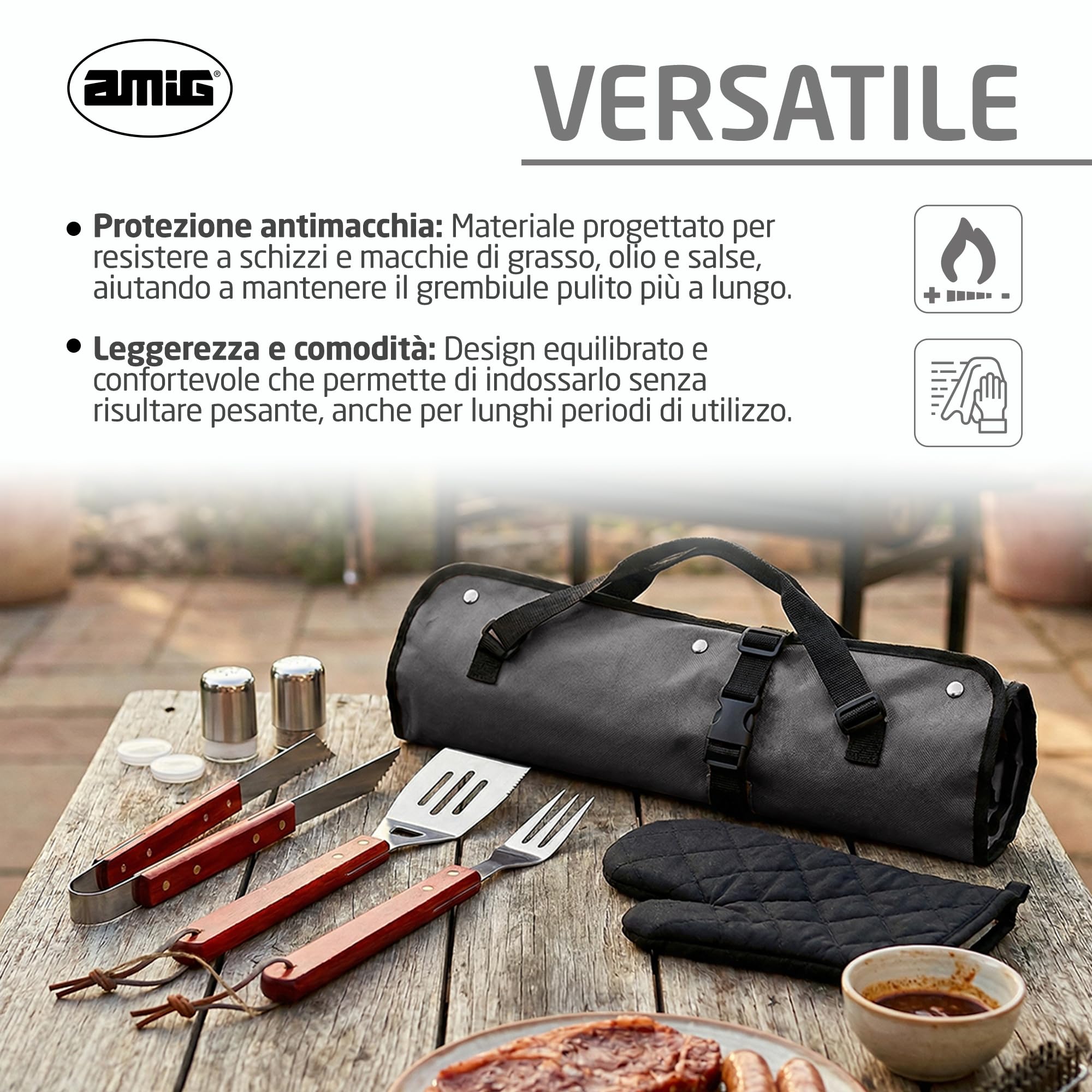 Amig - Grembiule barbecue con 7 accessori - Acciaio inossidabile - Set utensili BBQ - Con tasche - Accessori pratici e presentazione curata per regalo - Mod. AM17