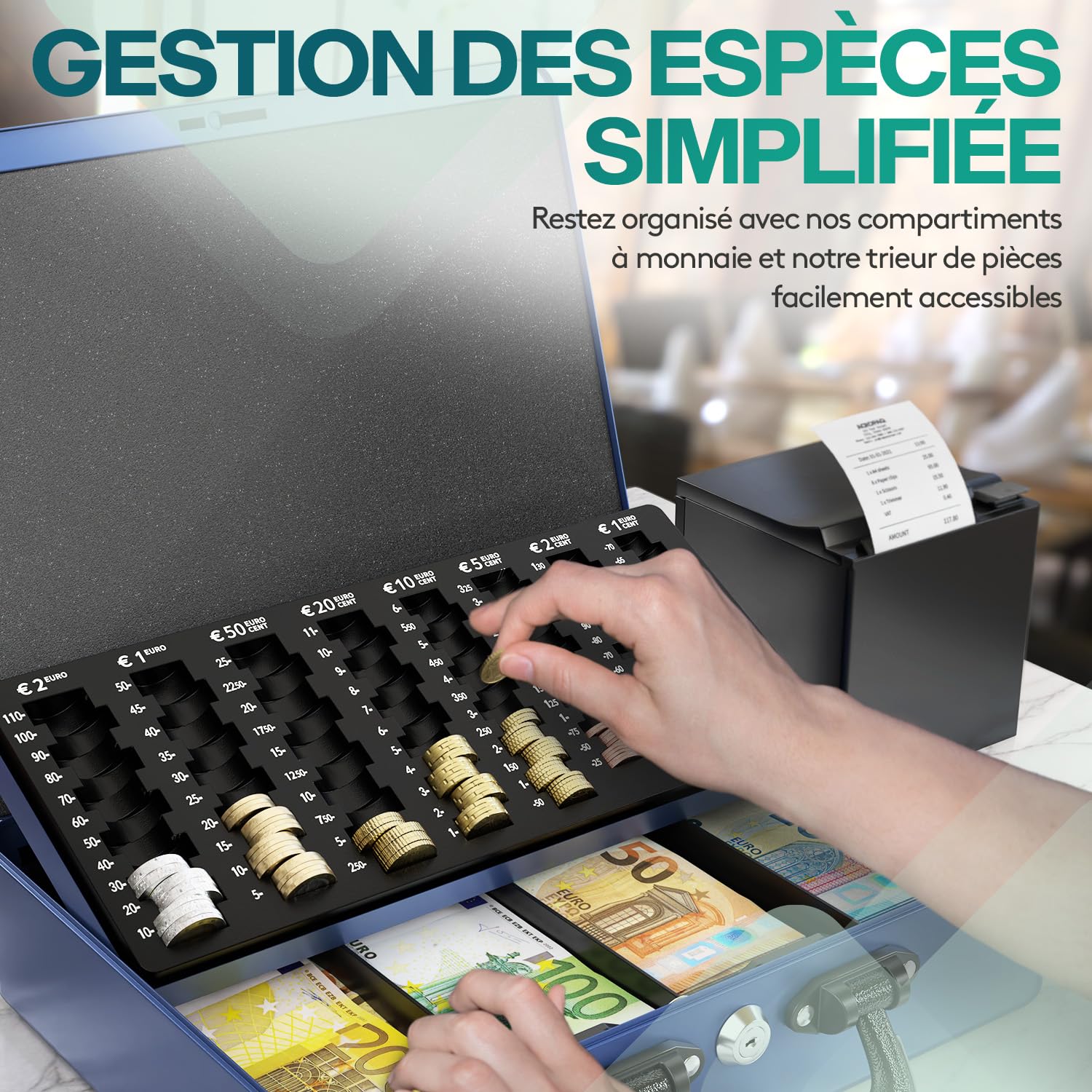 ACROPAQ Caisse monnaie grande professionelle avec monnayeur et 2 clés, Bleu