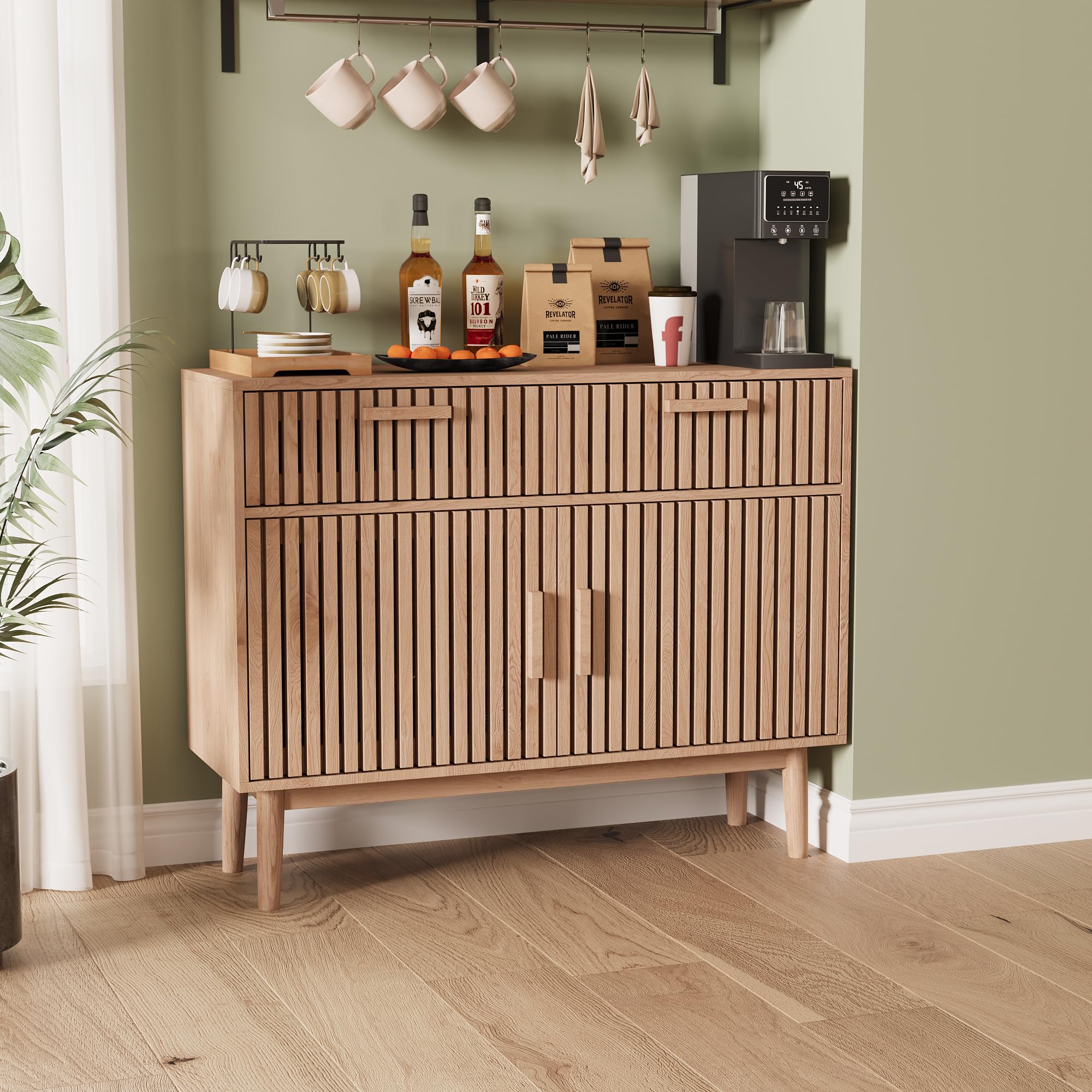 FEEOHOME Buffet Bas, Meuble de Rangement avec 2 Tiroirs et 2 Portes, Commode Multifonctionnel en Bois, Armoire de Cuisine pour Salon, Cuisine, Bureau, 35 x 100 x 80 cm