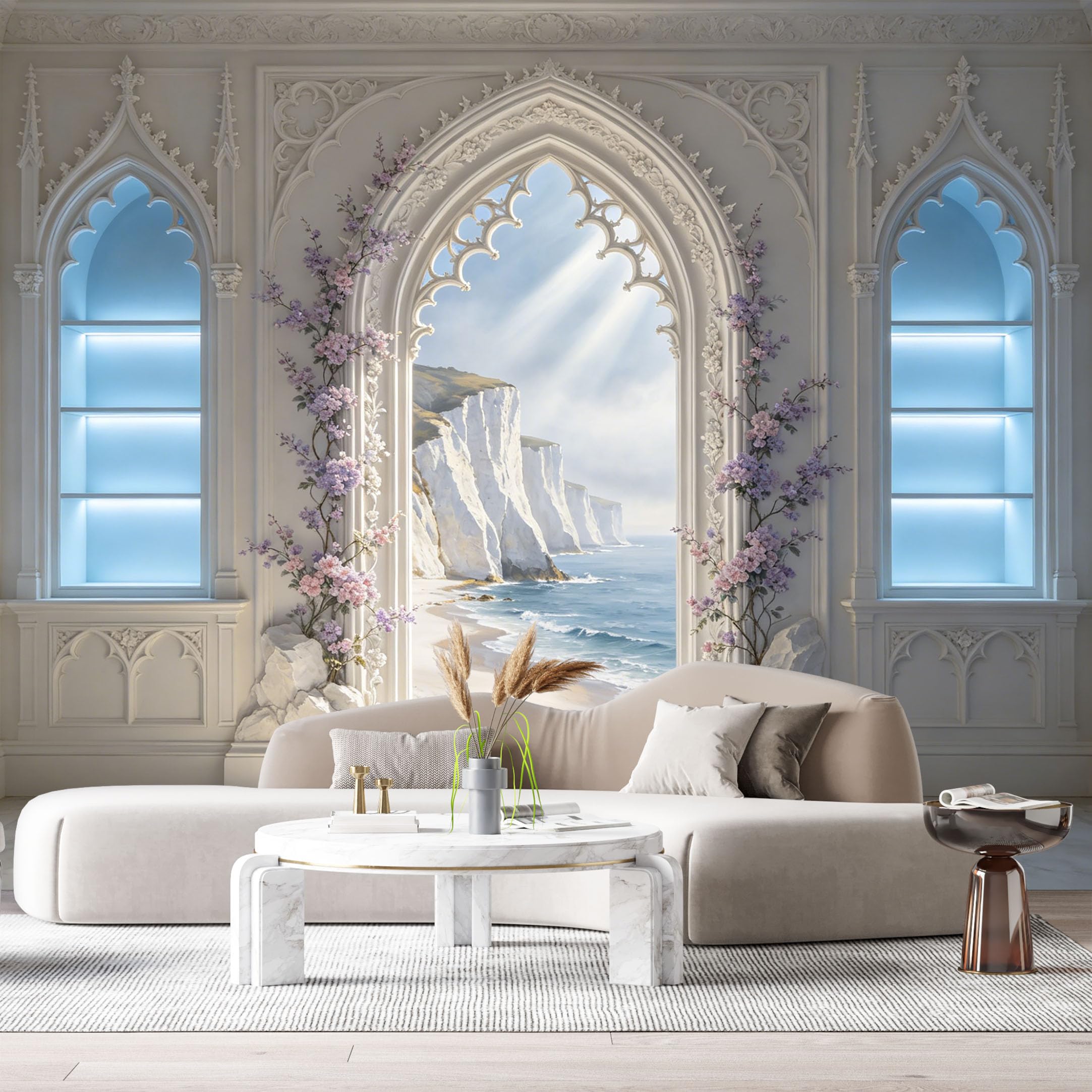 Custom Size Wall Murals Gothic Coastal Landscape White Cliffs 3D Trompe L'Oeil SelfAdhesiveWall Fabric Removable Wallpaper Wall Decor for Living Room Bedroom Bathroom