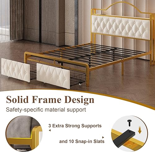 Miniatura 4 de Base de cama blanca tamaño Queen con 2 cajones de almacenamiento, luces LED y estación de carga, plataforma tapizada con cabecera y estribo capitoné