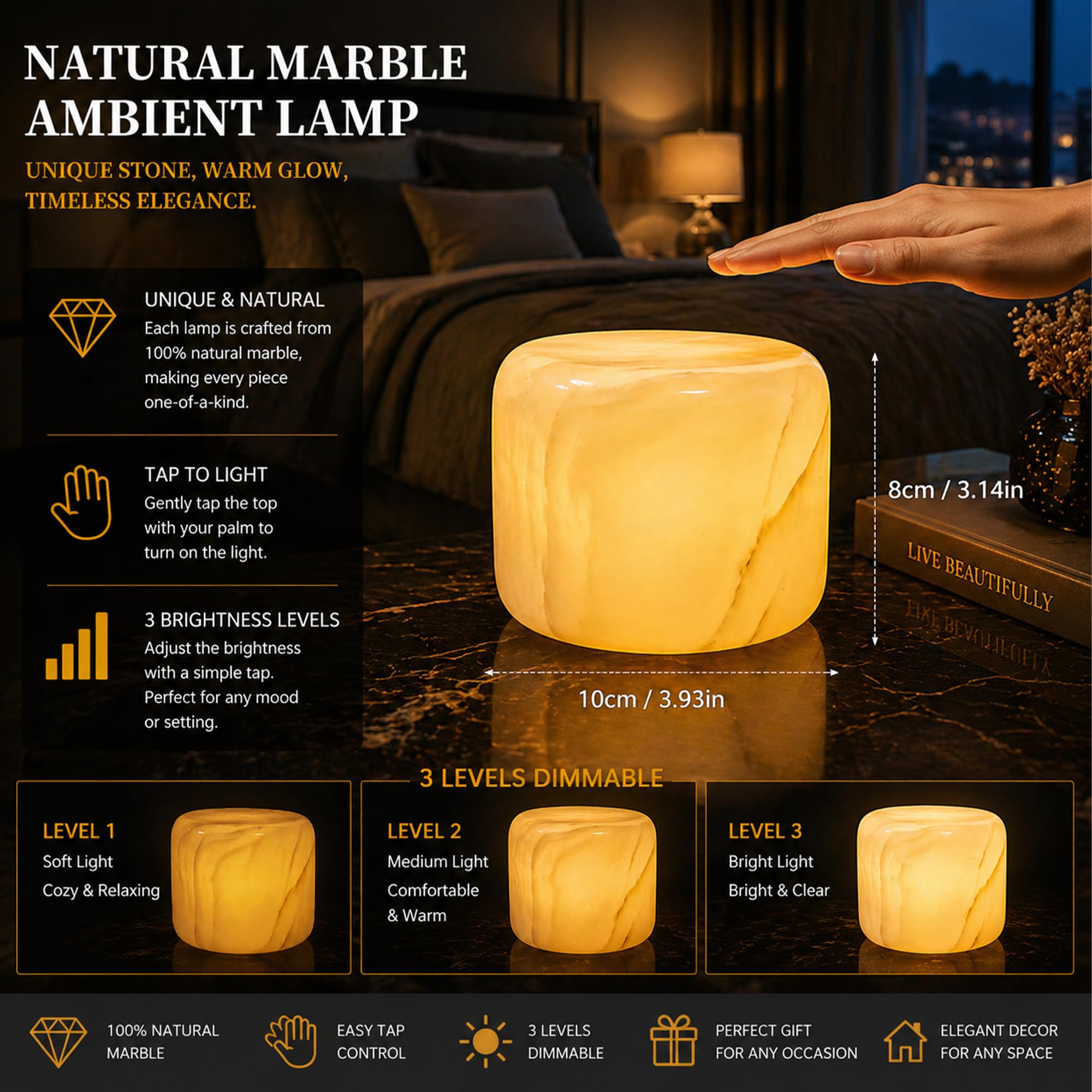 Marmor Lampada da Tavolo in Marmo LED,Abat Jour da Comodino,Lampada da Scrivania Senza Fili,Luce Notturna-Regalo Fidanzata