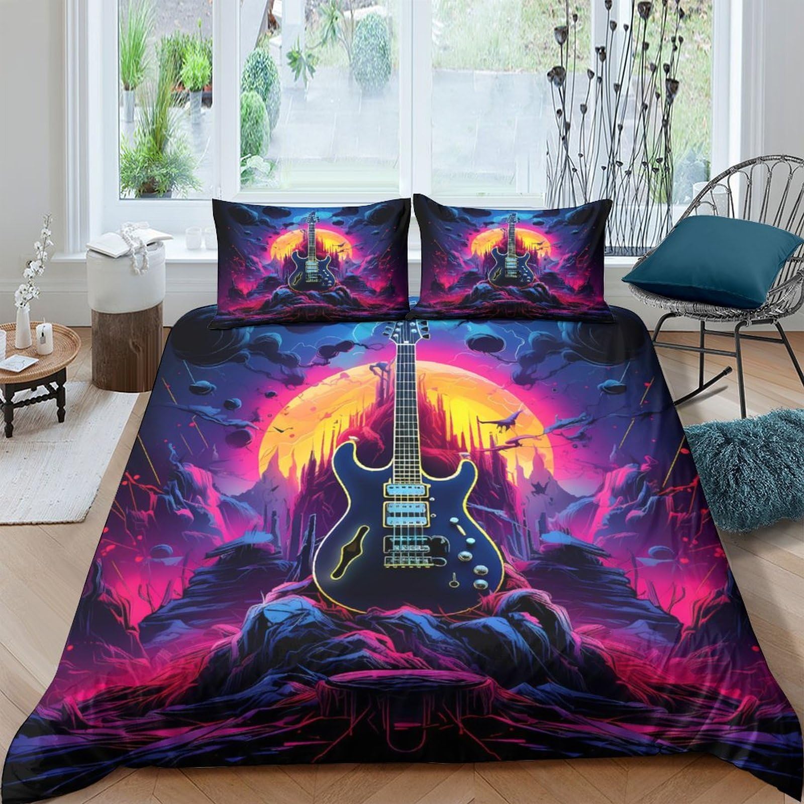 GPLZQXKJNH 3D Printed Electric Guitar Sunset Duvet Cover Microfiber Soft Breathable Psychedelic Bedding Set with 2 Pillowcases for Bedroom Decor Single（135x200cm）