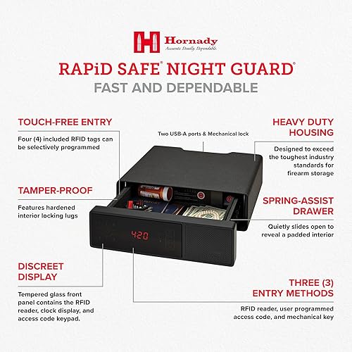 Miniatura 3 de Hornady Protector de noche rápido – Caja fuerte para pistola de noche con lector RFID, reloj, puertos USB – Seguro RFID para entrada rápida y