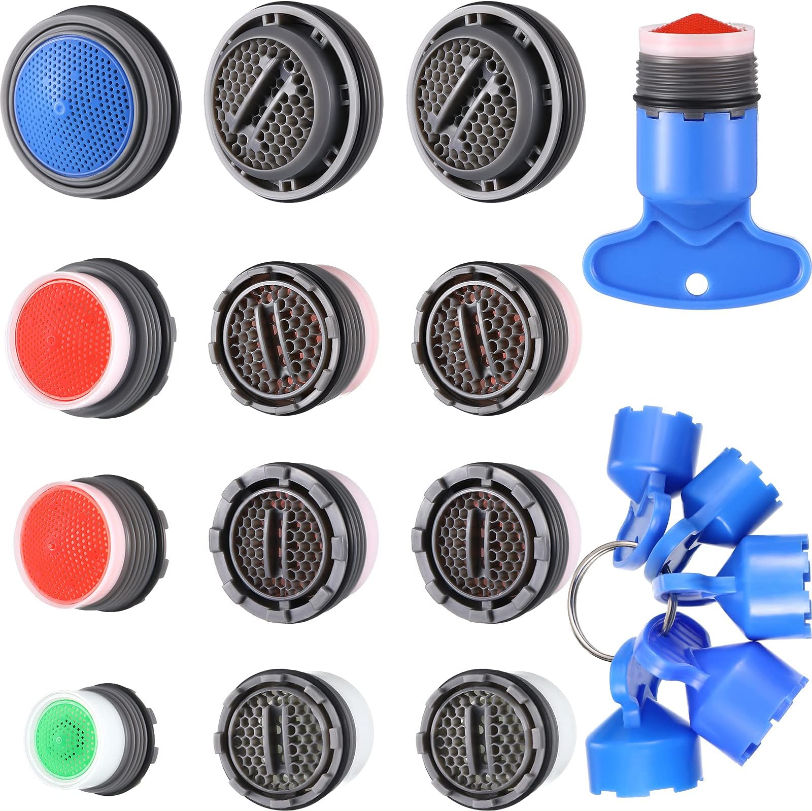BBTO 12 Pieces Faucet Aerator Replacement for Sink Aerators and 5 Pieces Faucet Aerator Key Wrenches Removal Tool M 16.5 mm 18.5 mm 21.5 mm 24 mm Tap Aerators Flow Restrictor for Bathroom Kitchen