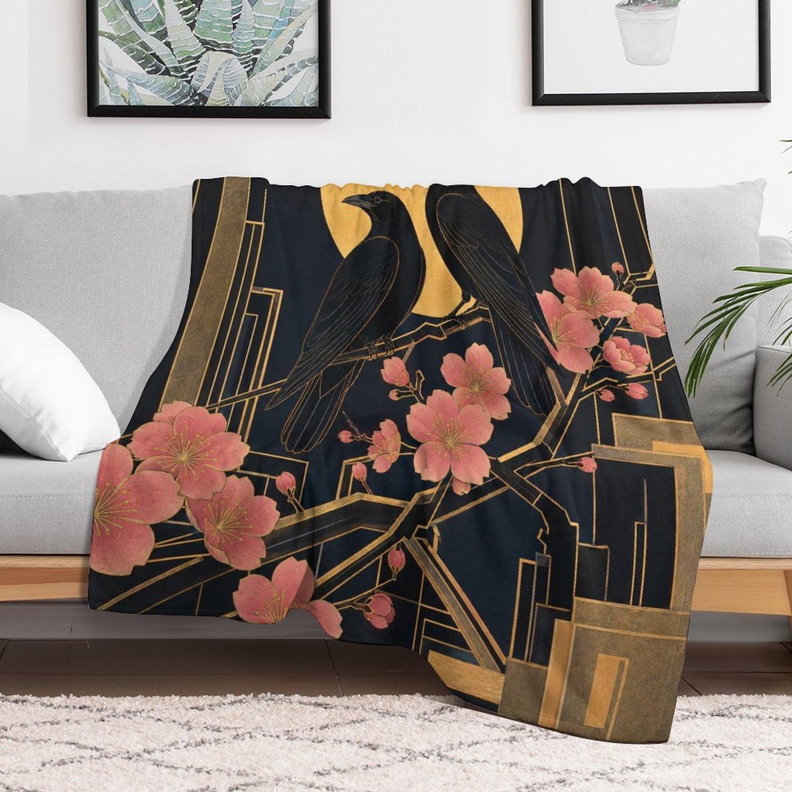Pareja de Cuervos bajo la Luna Dorada Manta Manta TV Calida Polar | manta sofa suave con Ilustración realista y flor rosa, para sofa, cama, 175x200cm(70x80in)