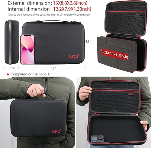 Miniatura 2 de HSU Funda de transporte grande para GoPro Hero 11, 10, 9, Hero 8, 7 negro, HERO6, 5, 4, + LCD, negro, plateado, 3+, 3, 2 y accesorios con asa de