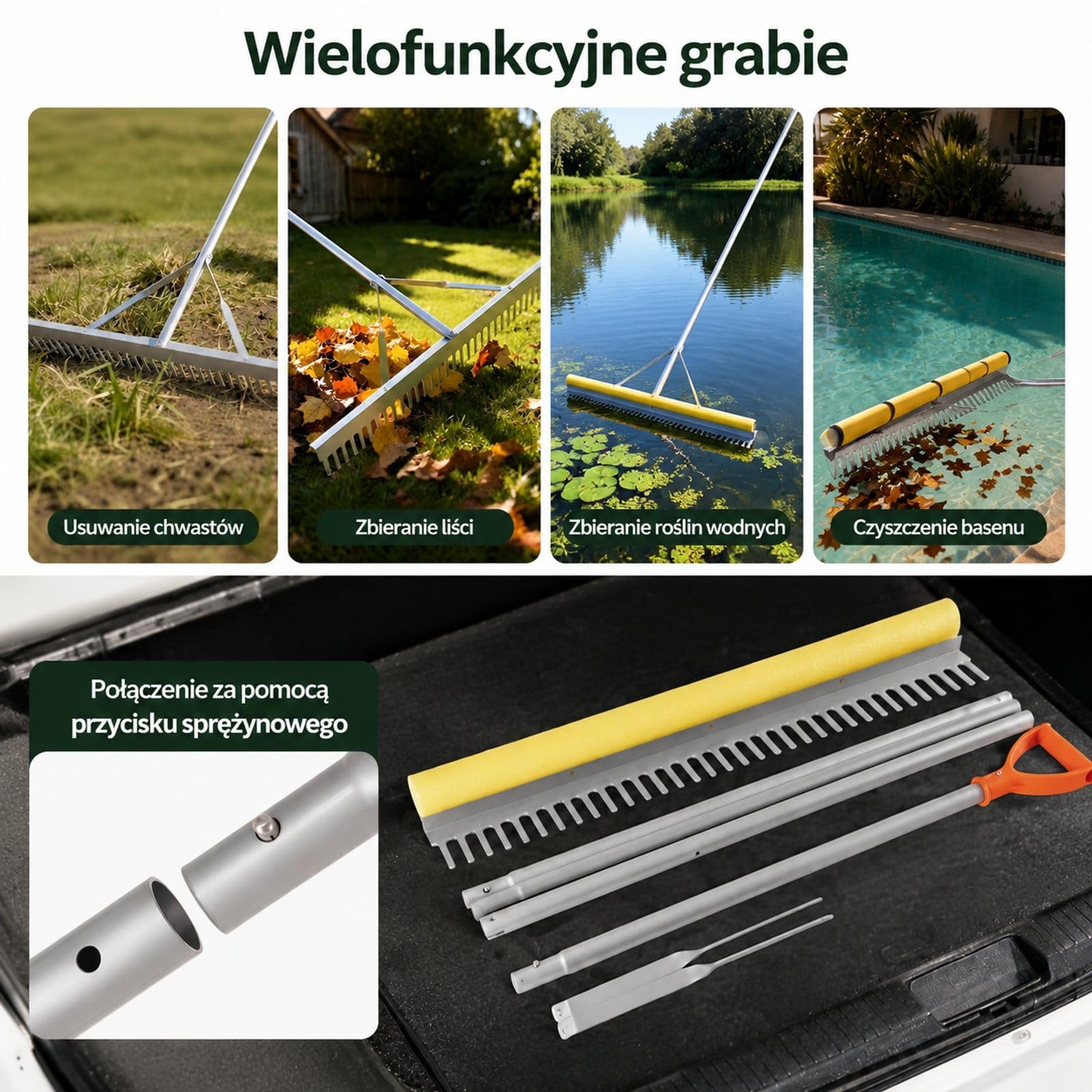Aluminiowe grabie krajobrazowe z szeroką głowicą i długim trzonkiem do gleby, żwiru, ogrodu, podwórka, stawu, plaży oraz trawnika