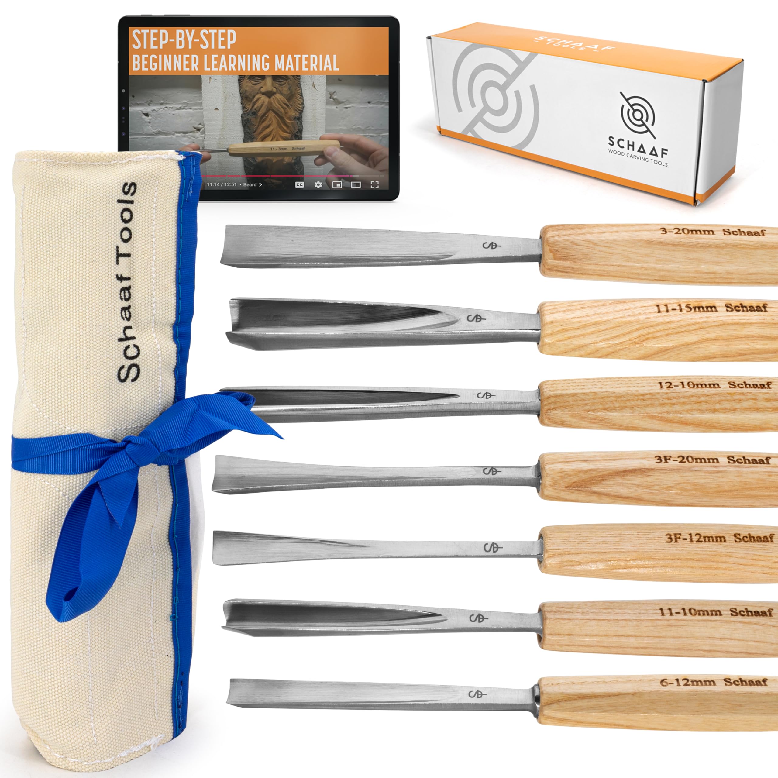 Hand-Sharpened Wood Carving Tools Set of 7 Chisels and Gouges with Canvas Case, Razor Sharp CR-V 60 Steel Woodworking Tools, High-Quality Wood Carving Chisel Set for Beginners from Schaaf Tools
