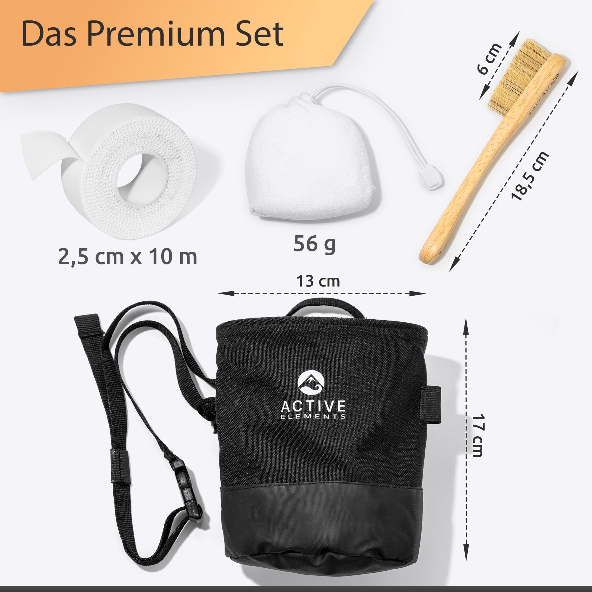 Accessoires Boulder : ensemble composé d'un sac à magnésie, d'une boule de magnésie, d'une brosse de boulder et d'un ruban d'escalade