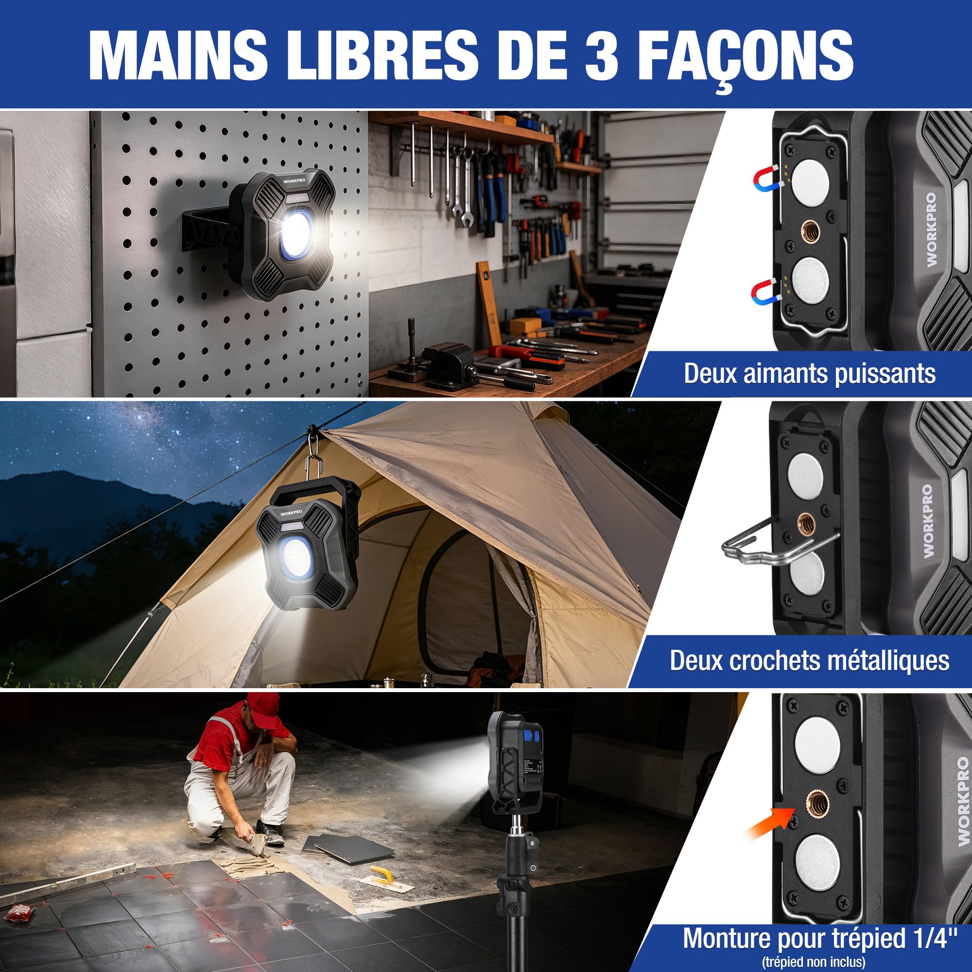WORKPRO Lampe de Travail LED Rechargeable 2000LM, 5 Modes, Projecteur Magnétique Portable avec Support 180°, Batterie 4000mAh & Power Bank, Lampe Portable pour Camping, Réparation Auto et Urgence