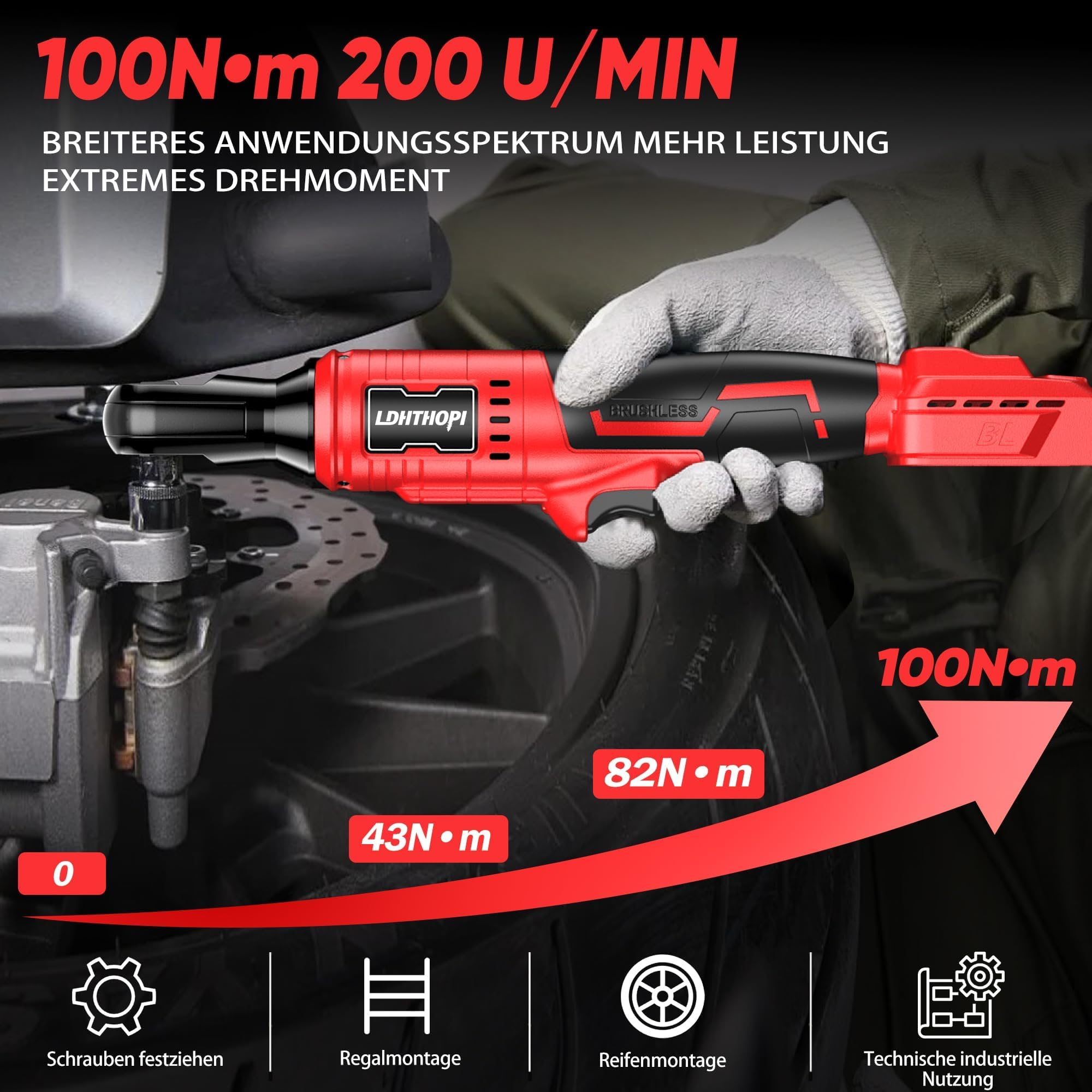 LDHTHOPI 3/8" Akku Ratsche 18V für Makita,MAX 100 Nm(75FT-LBS) Elektrische Ratsche mit LED-Licht,Rechts-/Linkslauf Ratschenschlüssel mit 1/2"-Adapter,7 Einsätzen(ohne Akku)
