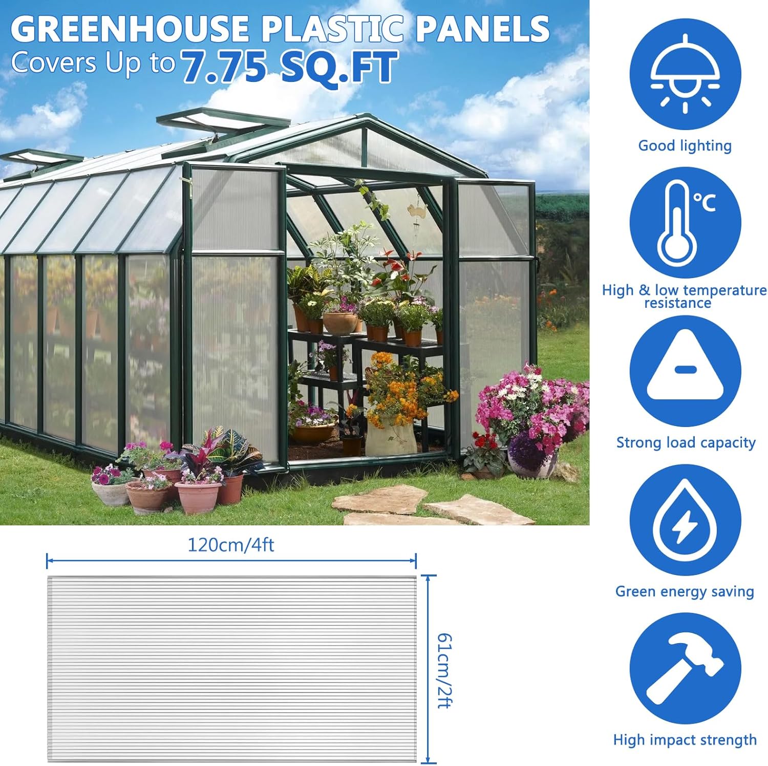 6 Pack Polycarbonate Greenhouse Panels, 4' x 2' x 0.24" Thickness Twin Wall Polycarbonate Sheets w/ 5Pcs Aluminum Connecting Strips, 50Pcs W Clips, All Weather Clear Roof Panels Greenhouse Replacement