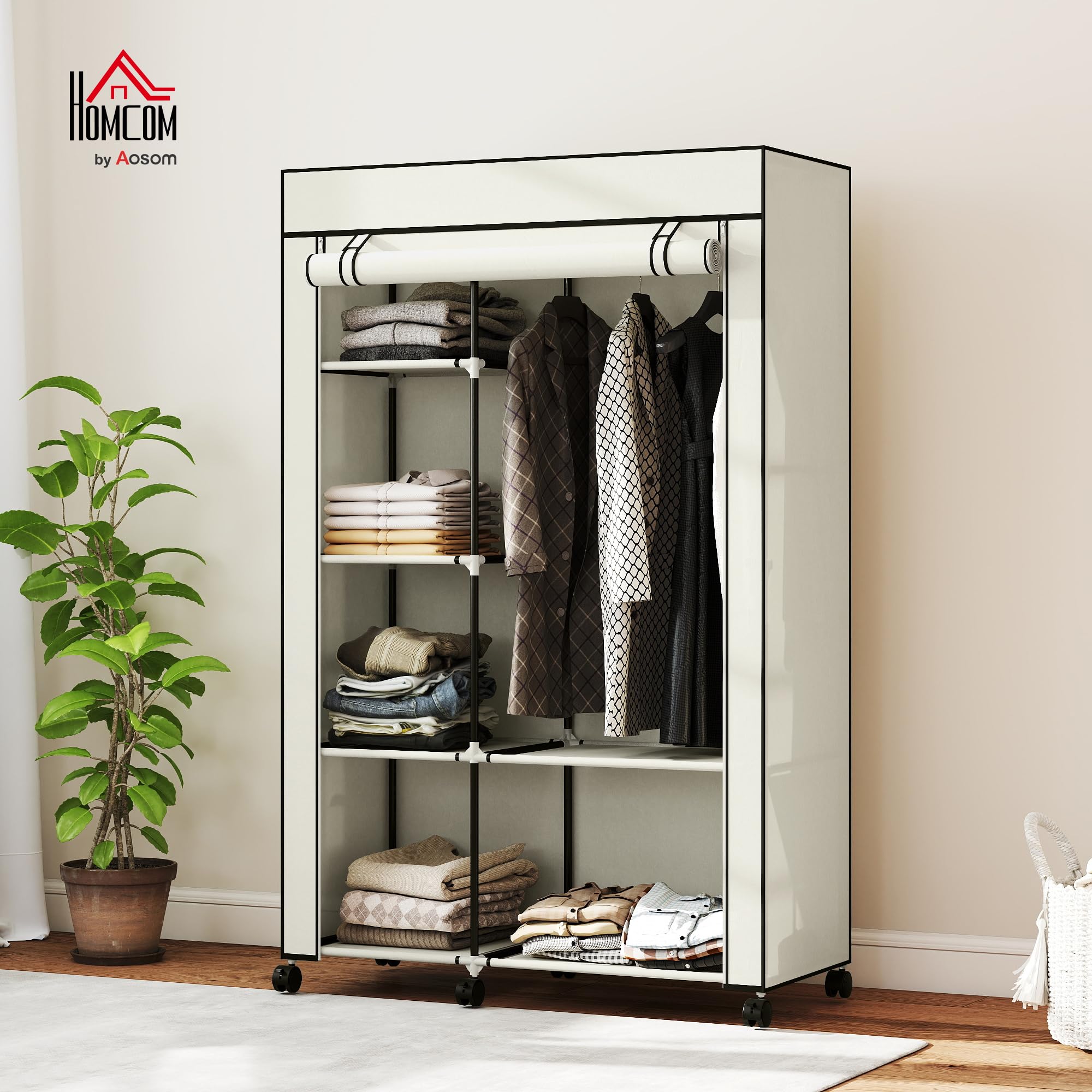 HOMCOM Armoire penderie en Tissu Meuble de Rangement Mobile 6 roulettes avec Tringle à vêtements et étagères Ouvertes penderie vêtement Dressing Roulant pour Chambre à Coucher 103x43x162,5cm crème