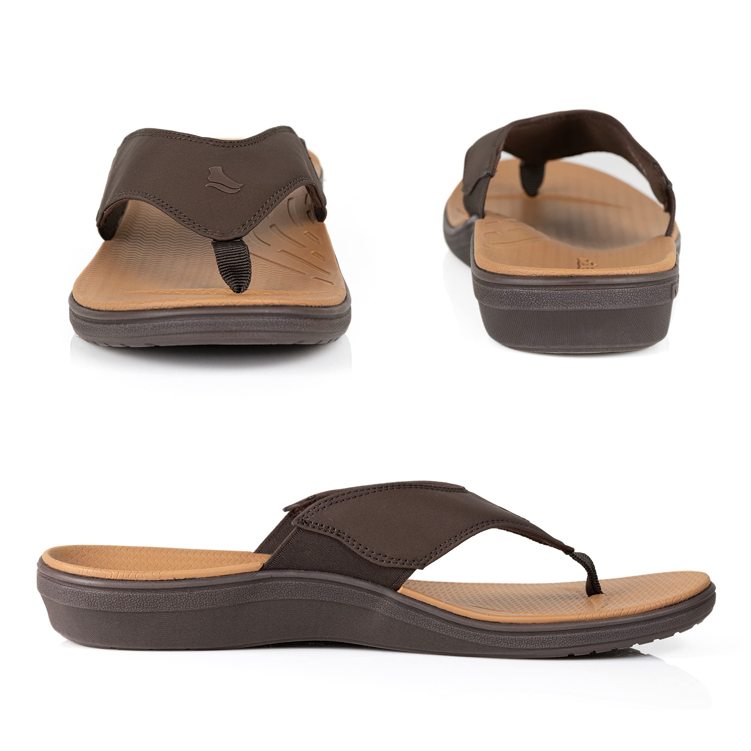 PowerStep Men's Arch Support Orthotic Flip Flop Sandals with Shock Absorbing Sole, Lightweight Non-Slip Tread, Brown, 10