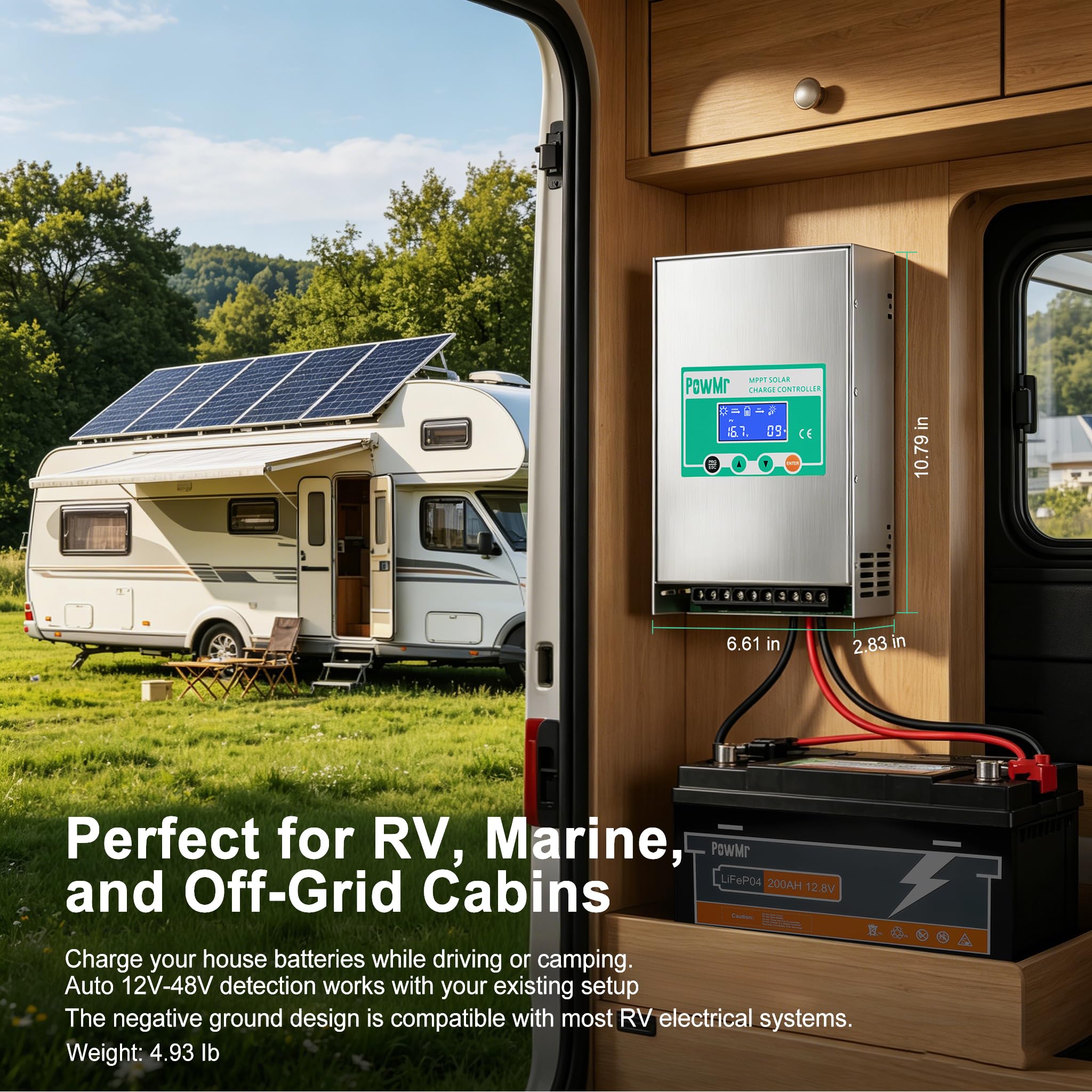 PowMr 100 A MPPT Solarladeregler 12 V 24 V 36 V 48 V Auto, 100 A negativer Erdungs-Solarmodul-Regler, Aluminiumgehäuse für LiFePO4 Blei-Säure-Batterie, passend für Wohnmobil, Marine Off Grid