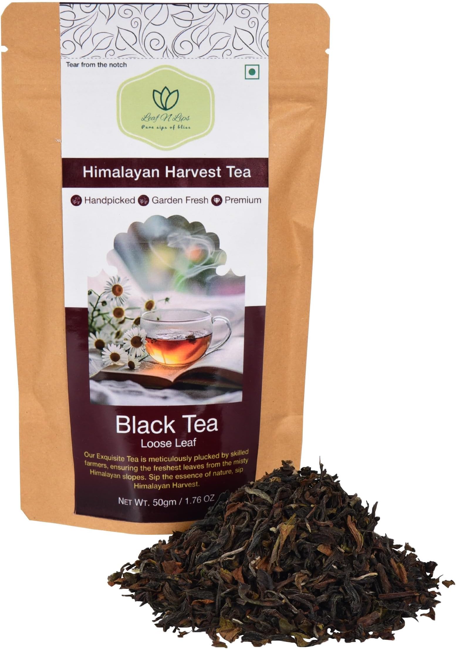 LEAF N LIPS Pure & Natural Black Tea | Whole Leaf Premium | Authentic Taste | Natural Flavour | Refreshing and Energizing | 100% Garden Fresh Tea, Pack of 1, 50gm