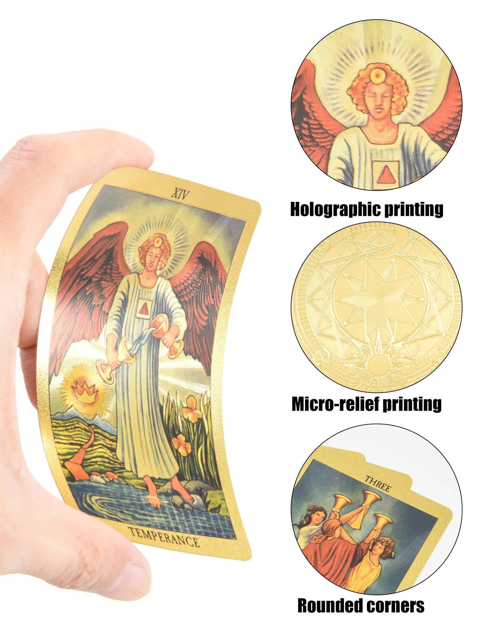 YIMINGOUFEI English Gold Tarot Card Set, 78 Cards with 36 Page Guide, 7 x 12 cm, PVC Waterproof, Gold Foil Design, Sun, Stars and Moon - Image 3
