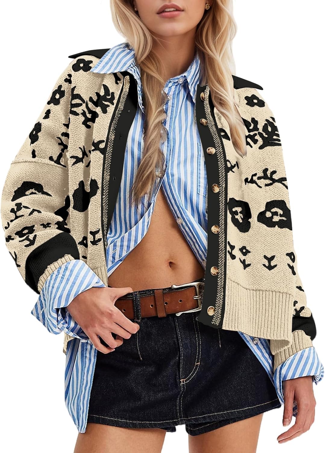 Womens Cardigan Sweaters Button Up Long Sleeve Cardigans Floral Print Cardigan Fall Knit Sweater Tops