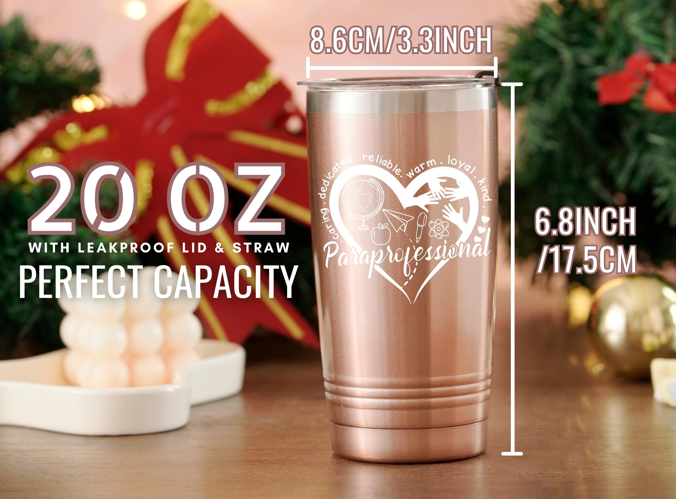 Onebttl Paraprofessional Appreciation Gifts, Gifts for Teacher Paraprofessional, 20oz Stainless Steel Rose Gold Insulated Tumbler with Lid & Straw - Heart