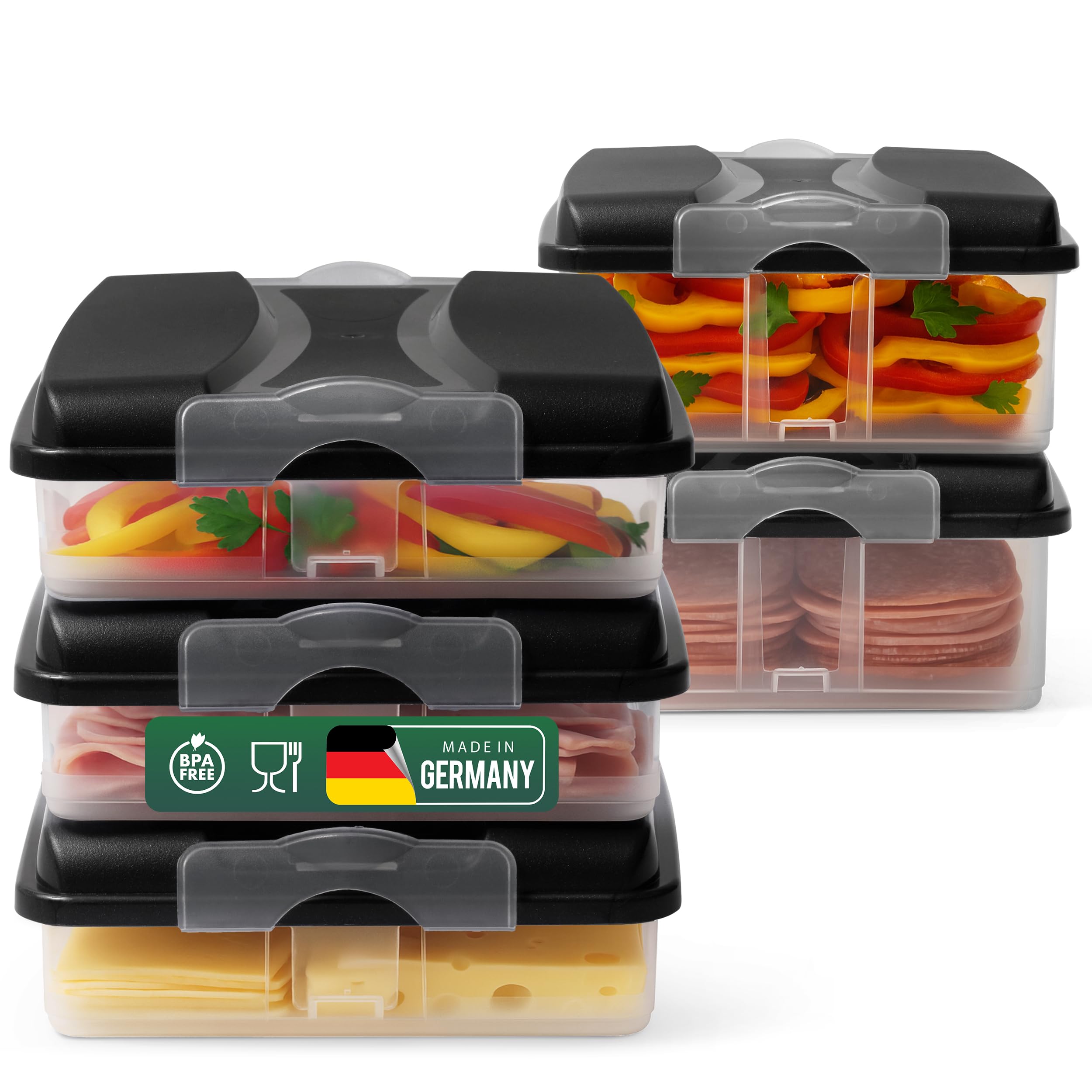 Novaliv Frischhaltedosen (3x klein + 2x groß + 5x Deckel), stapelbar für Kühlschrank & Gefrierfach, Vorratsdosen Set Aufbewahrungsbox Organizer, für Aufschnitt Wurst Käse Obst Gemüse Meal-Prep