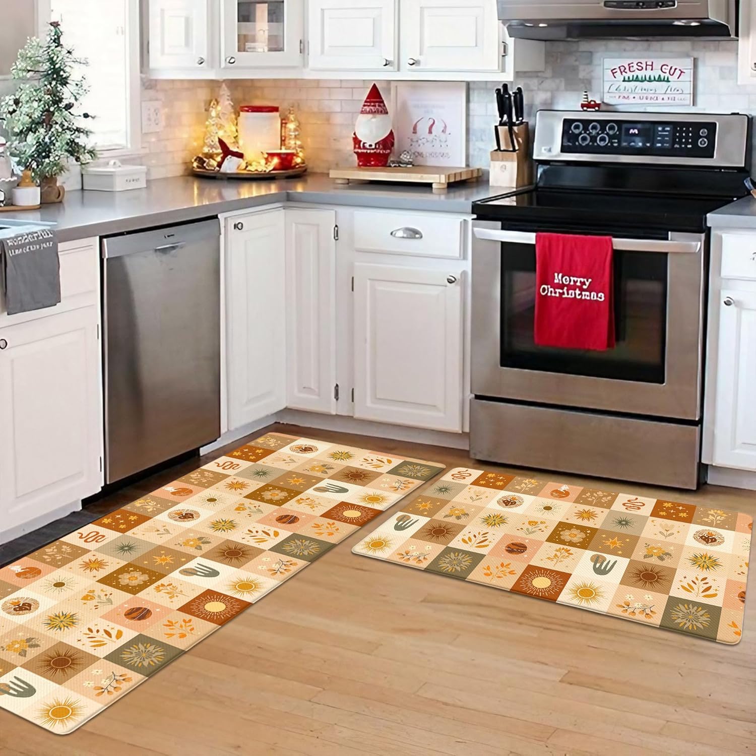 Rexful Boho Kitchen Rug Set 2 PCS Anti-Fatigue Washable Kitchen Floor Mats Neutral Celestial Sun Flower Checkerboard Pattern Anti-Slip Runner and Mat (Yellow, 47''×17.3''+29''×17.3'')