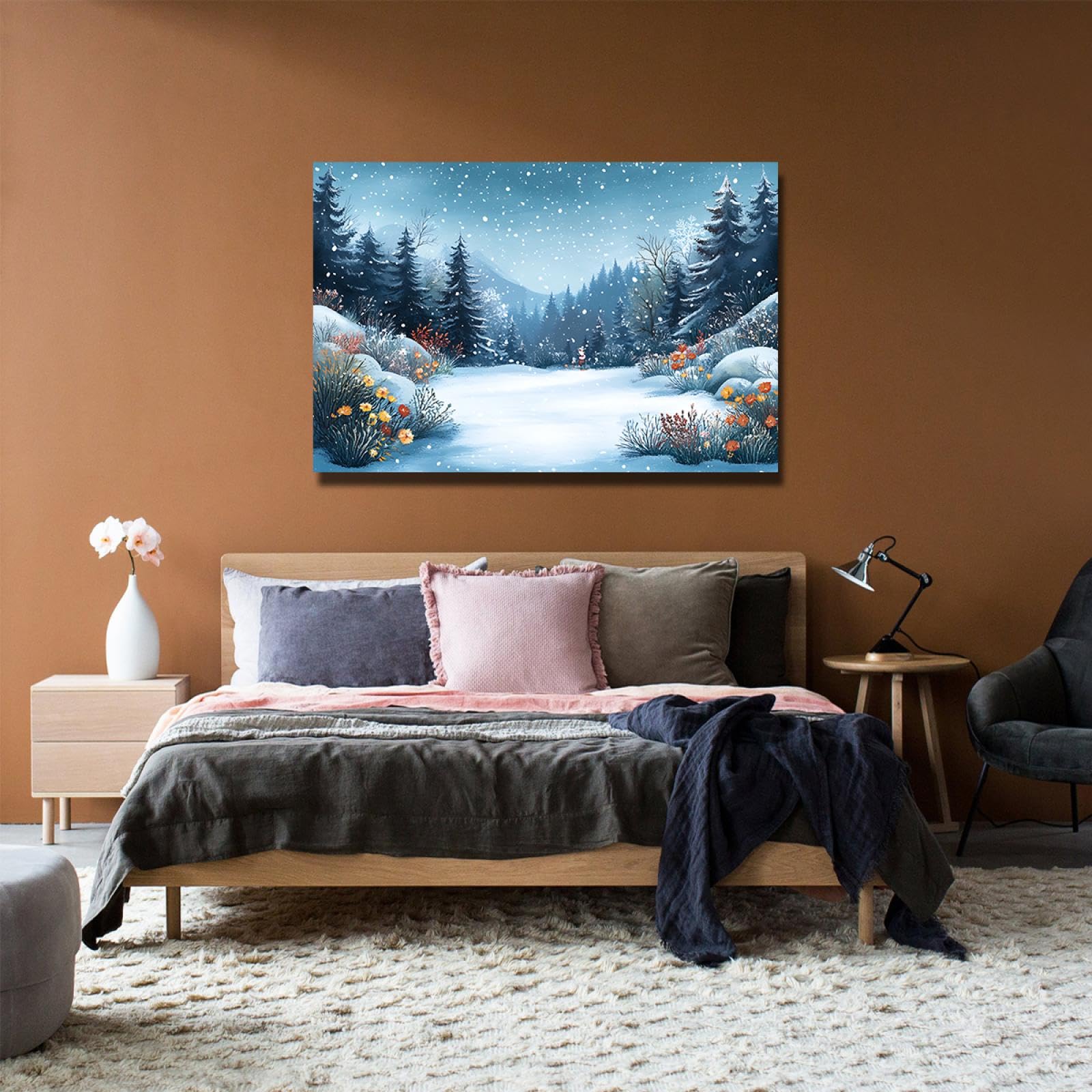 Zimowa kraina czarów płótno sztuka ścienna kwiaty sosna płatki śniegu płótno grafika dekoracja ścienna jadalnia sypialnia salon gotowy do powieszenia 80 x 120 cm rama wewnętrzna