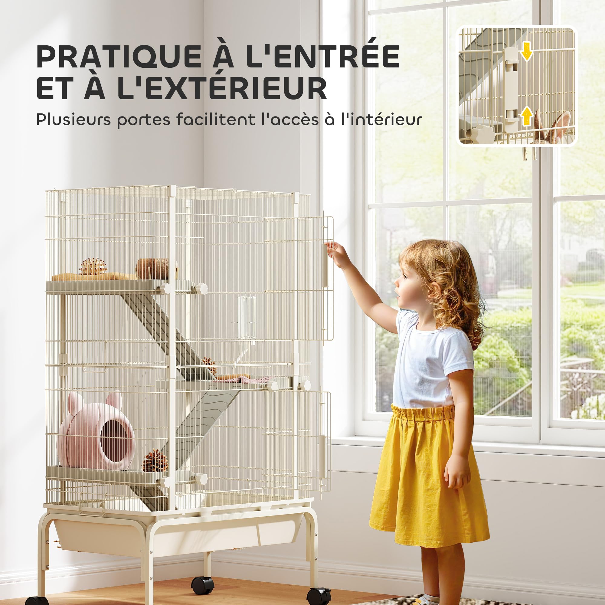 PawHut Cage Enclos Lapin à 4 Niveaux, 2 Portes 69 x 44 x 120 cm Beige | Parc Lapin pour Furets et Chinchillas, 3 Rampes, Plateau Profond de 15 cm, Roulettes, Bouteille d'Eau, Gamelle