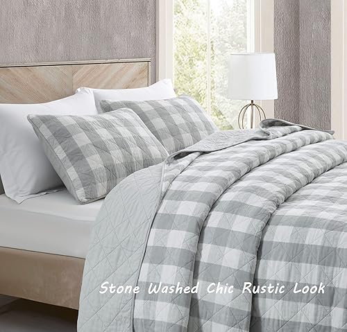 Miniatura 5 de Chezmoi Collection Juego de edredón de algodón a cuadros grises y blancos de 3 piezas, colcha reversible a cuadros de búfalo, colcha ligera de