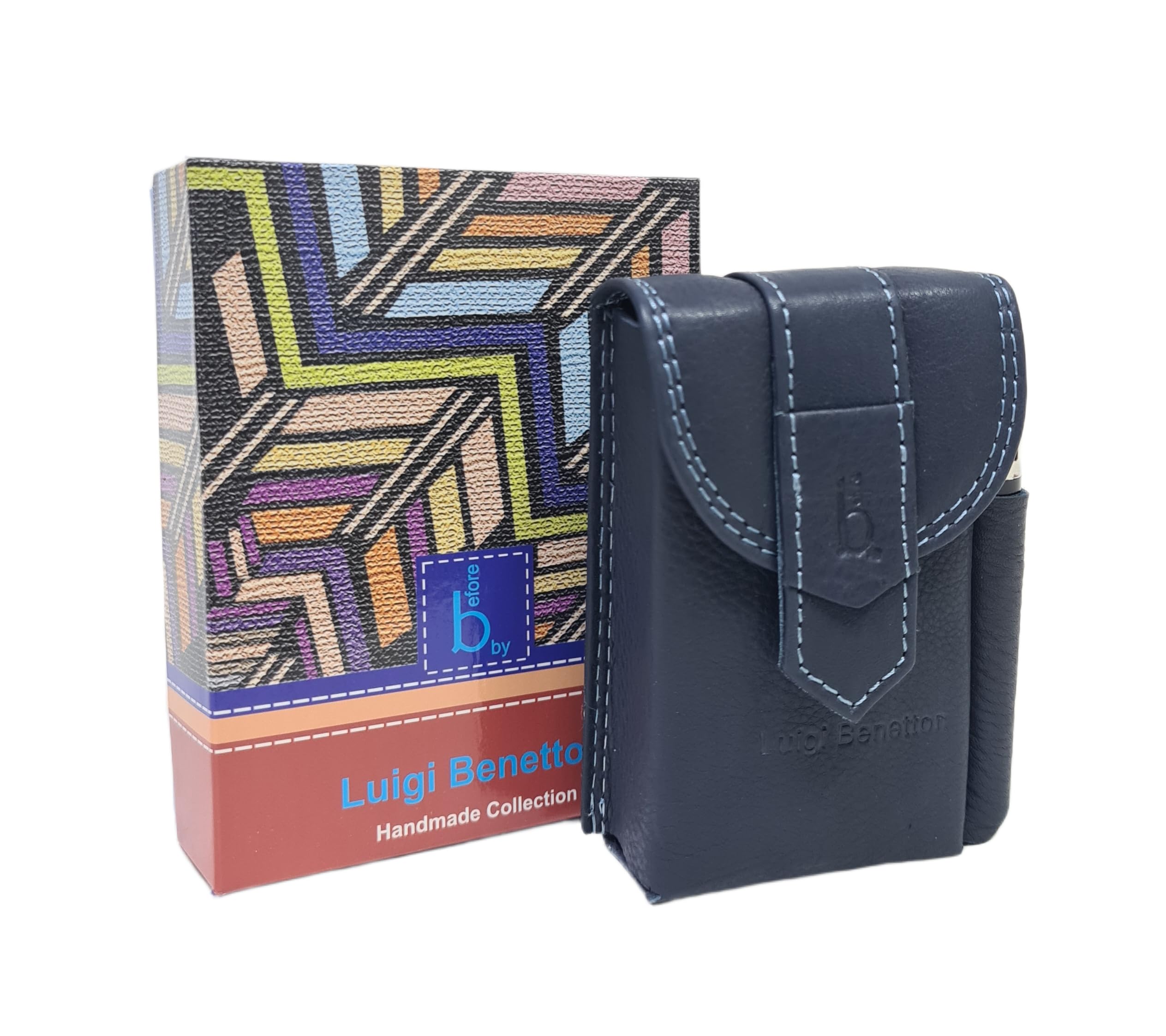 Luigi Benetton Portasigarette in Vera Pelle, Doppio Bottone, Porta Accendino Laterale, Dimensioni 10x6,5x3 cm, con Scatola Regalo Art. 3176 (BLU)