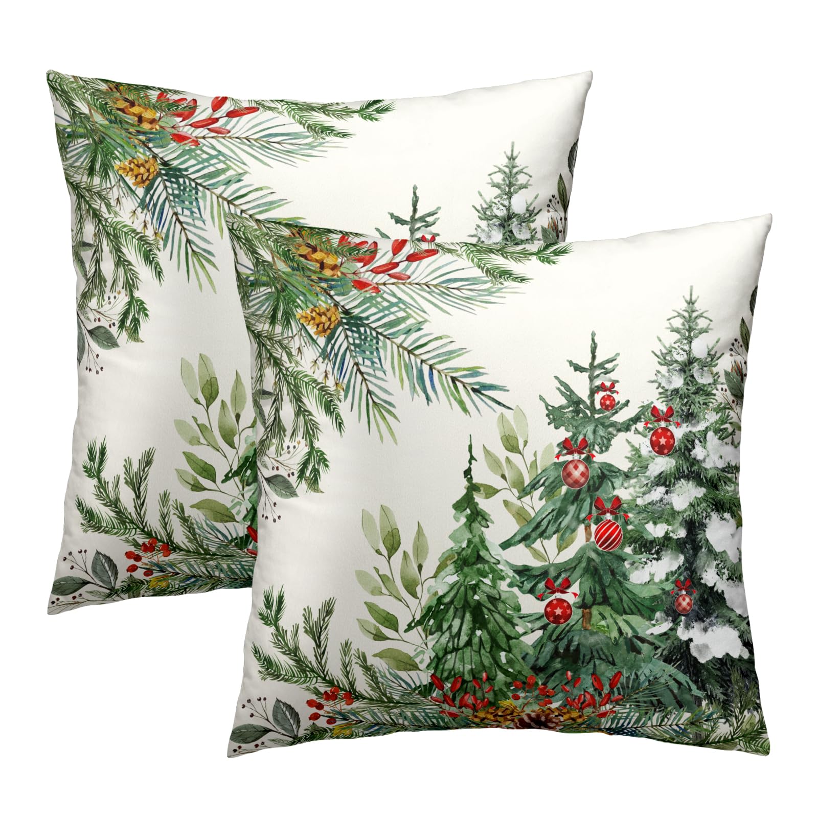 Mweet Christmas Throw Pillow Covers 16x16 Set of 2, Winter Xmas Pine Branches Red Berry Bells Decorative Pillow Cases Farmhouse Cotton Square Cushion