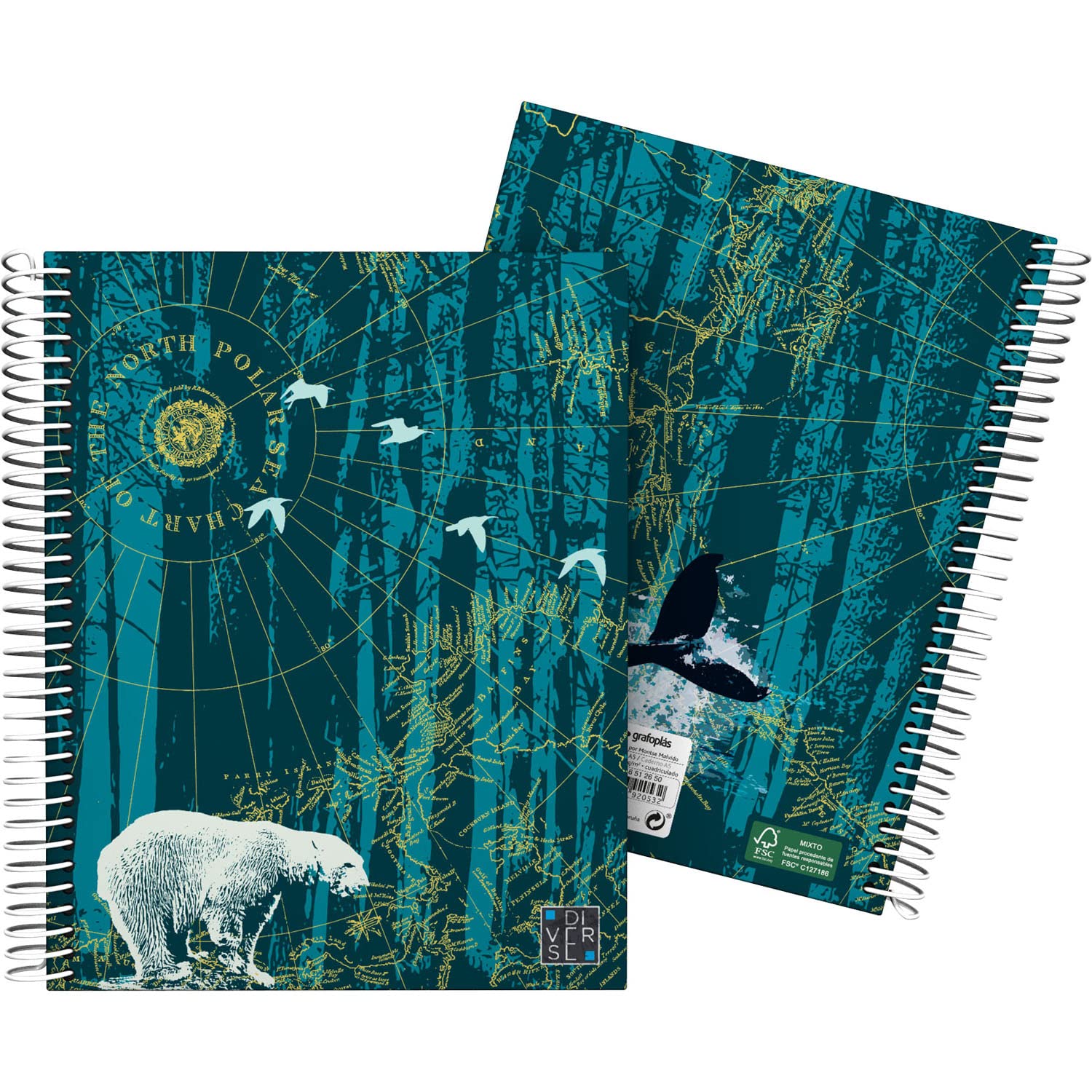 Grafoplás 16512650. Cuaderno A5 Tapa Dura, Cuadriculado 5x5, Espiral, 5 Bandas Color, Colección North Polar, Diverse, Certificado FSC