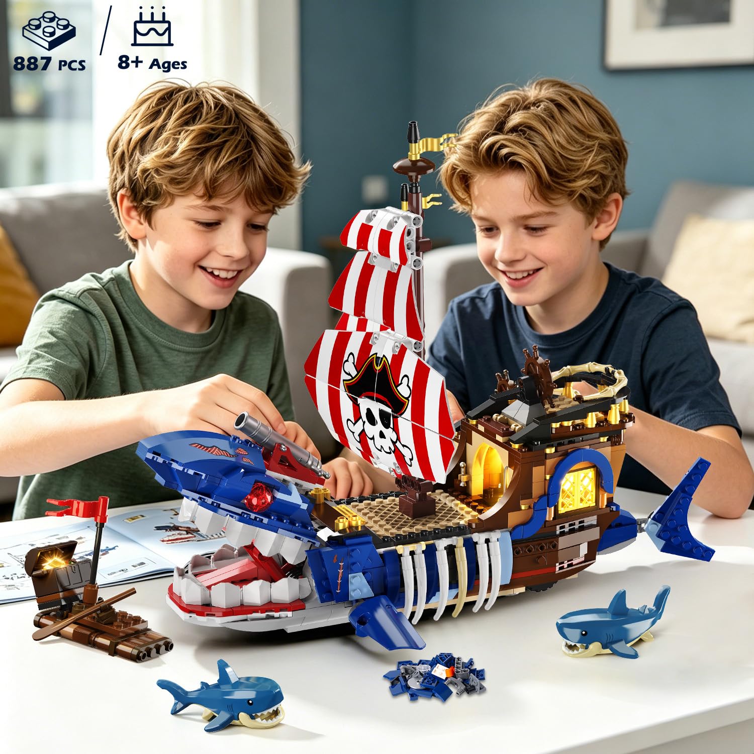 HiWEEGO Technik - Kit di costruzione a forma di nave pirata con luce LED, per bambini di 8 anni | 887 pezzi, oceano mobile, avventura, barca dei pirati, set di giocattoli con squalo, regalo per bambini da 8 a 12 anni in su