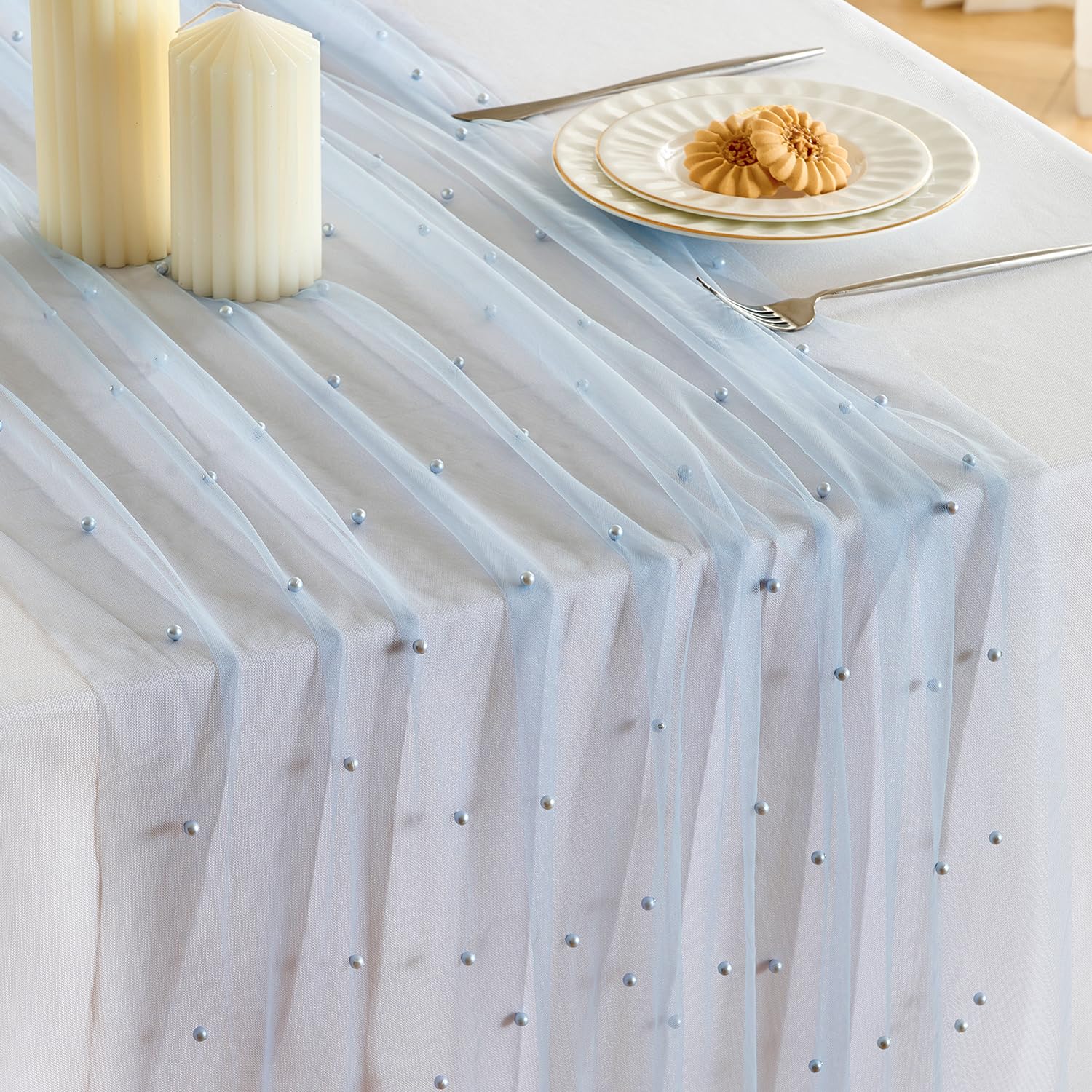 Photo 1 of Fanami 3 Pack Pearl Table Runner -10FT Dusty Blue Boho Tulle Table Runners 120 Inches Long Rustic Sheer Lace Fabric Centerpieces for Wedding Arch Birthday Party Bridal Veil Baby Shower Decorations