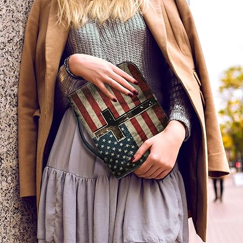 Miniatura 5 de Bengbobar Funda de cuero para la Biblia con cruz de la bandera estadounidense, para mujer, bolsa impermeable para la Biblia, bolsa de transporte