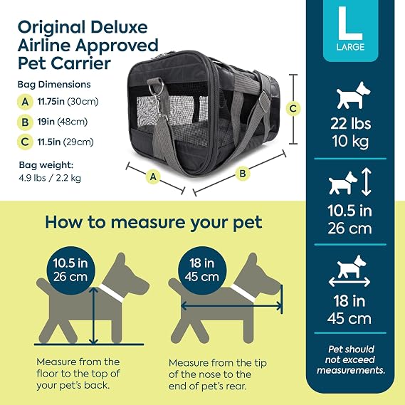 Sherpa Pet Carrier Airline Approved with Spring Wire Frame - Cat Carrier and Dog Carriers for Airline Travel and Vet Visits, Mesh Ventilation, Locking Zippers - Charcoal Grey, Large