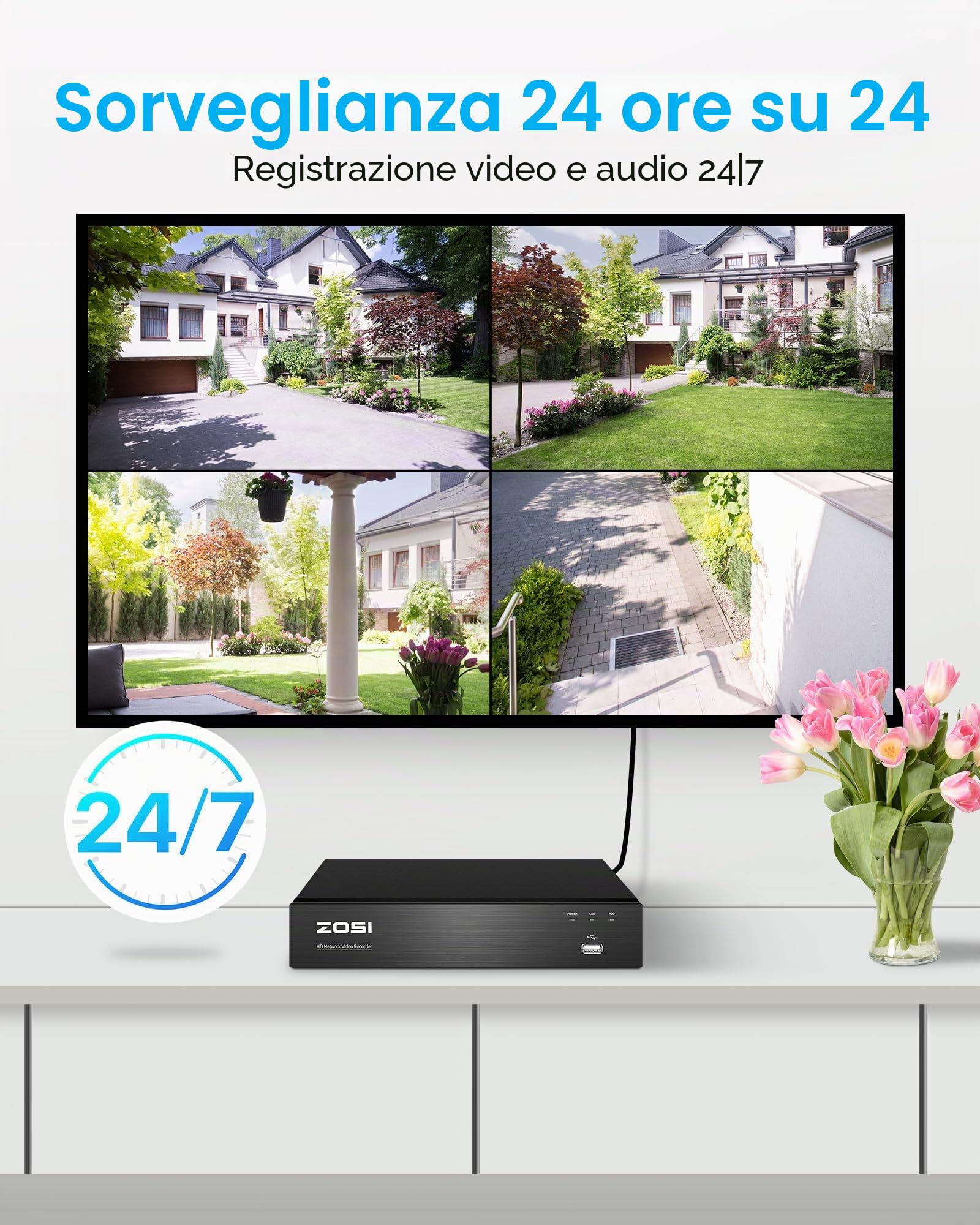 ZOSI 4K PoE Kit Videosorveglianza Esterno, 4K 8CH NVR 2TB + 4x 8MP Telecamera PoE, Visione Notturna a Colori, Rilevamento di Uomo/Veicolo, Impermeabile IP66, Registrazione 24/7, C182