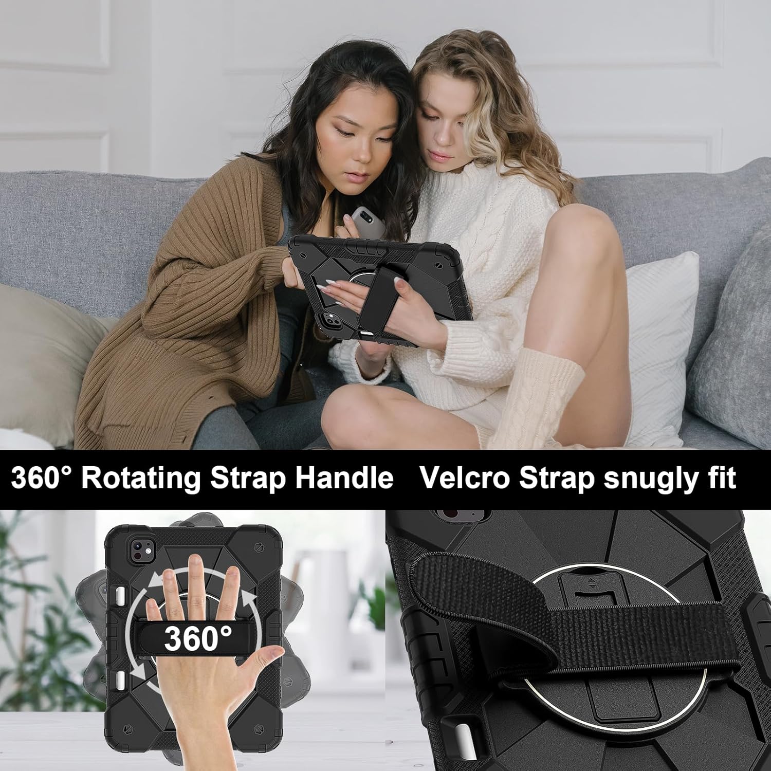 Heavy Duty Shockproof Kids Case for iPad Pro 11 Inch 2024 M4 (5th Generation),3 Layer Protective Case W 360 ° Rotating Handle Stand + Shoulder Strap,Black