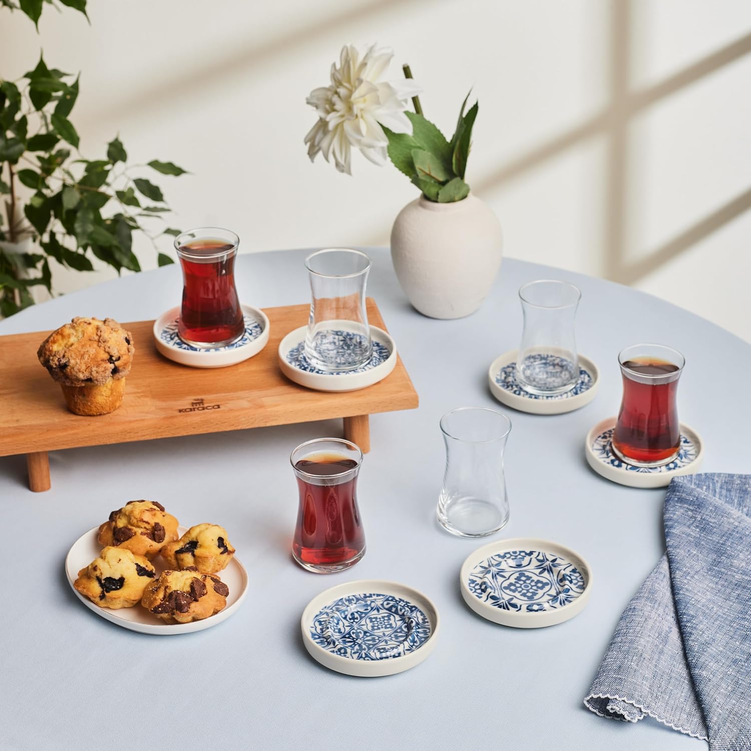 KARACA Mavili Turkish Tea Cups Set - 12 Piece Turkish Tea Glasses and Stoneware Saucers - Authentic Glass Drinking Sets for 6 People - Ideal Adult Teacup Set (170 ml)