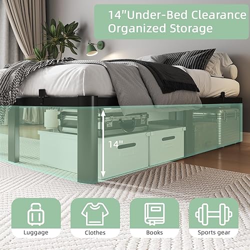 Miniatura 3 de Marco de cama tamaño Queen, base de cama de plataforma de metal resistente de 14 pulgadas, base de colchón de acero sin ruido, no necesita somier,