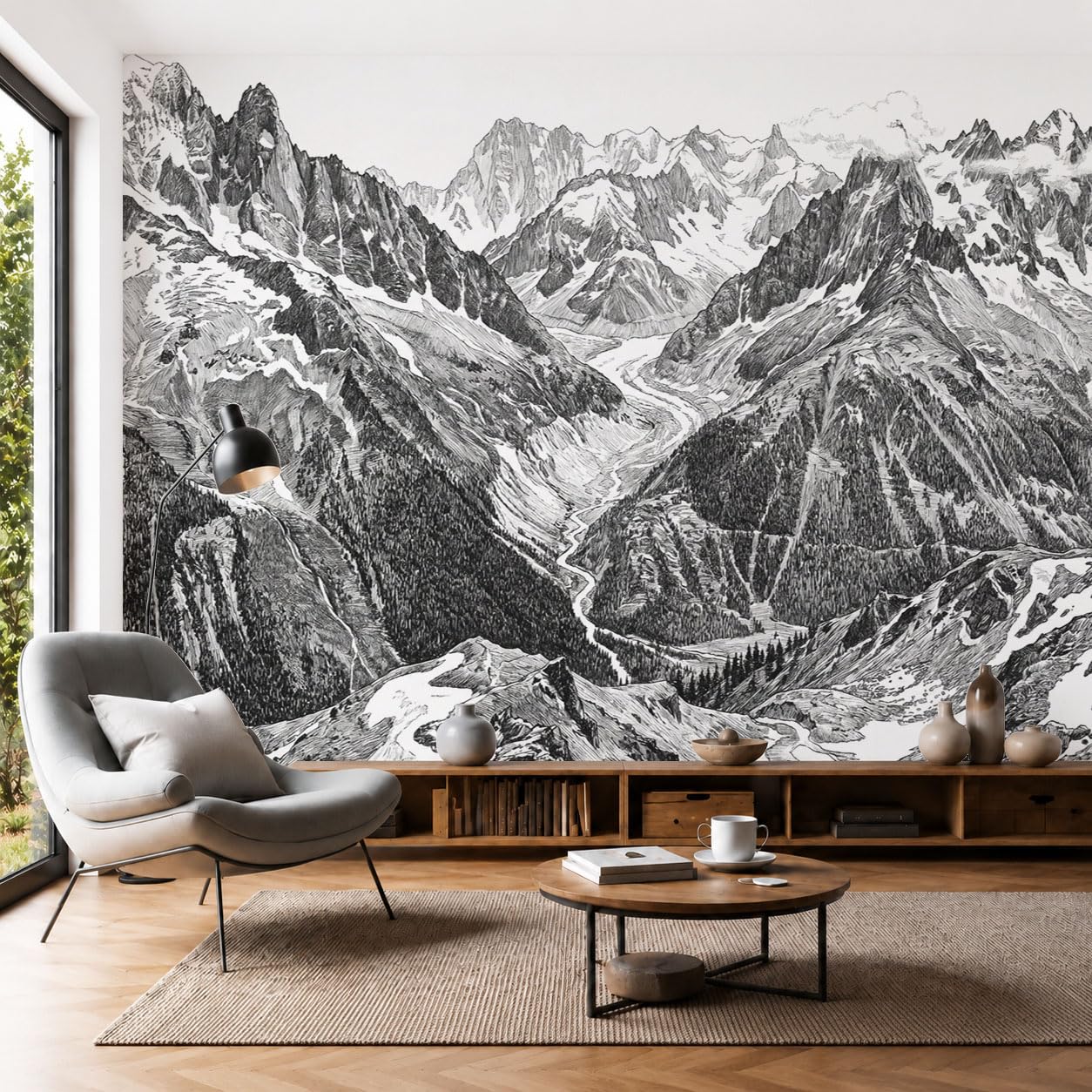 Papier Peint Panoramique Vallée Snow Mountain Noir et Blanc Murale 250x175 cm